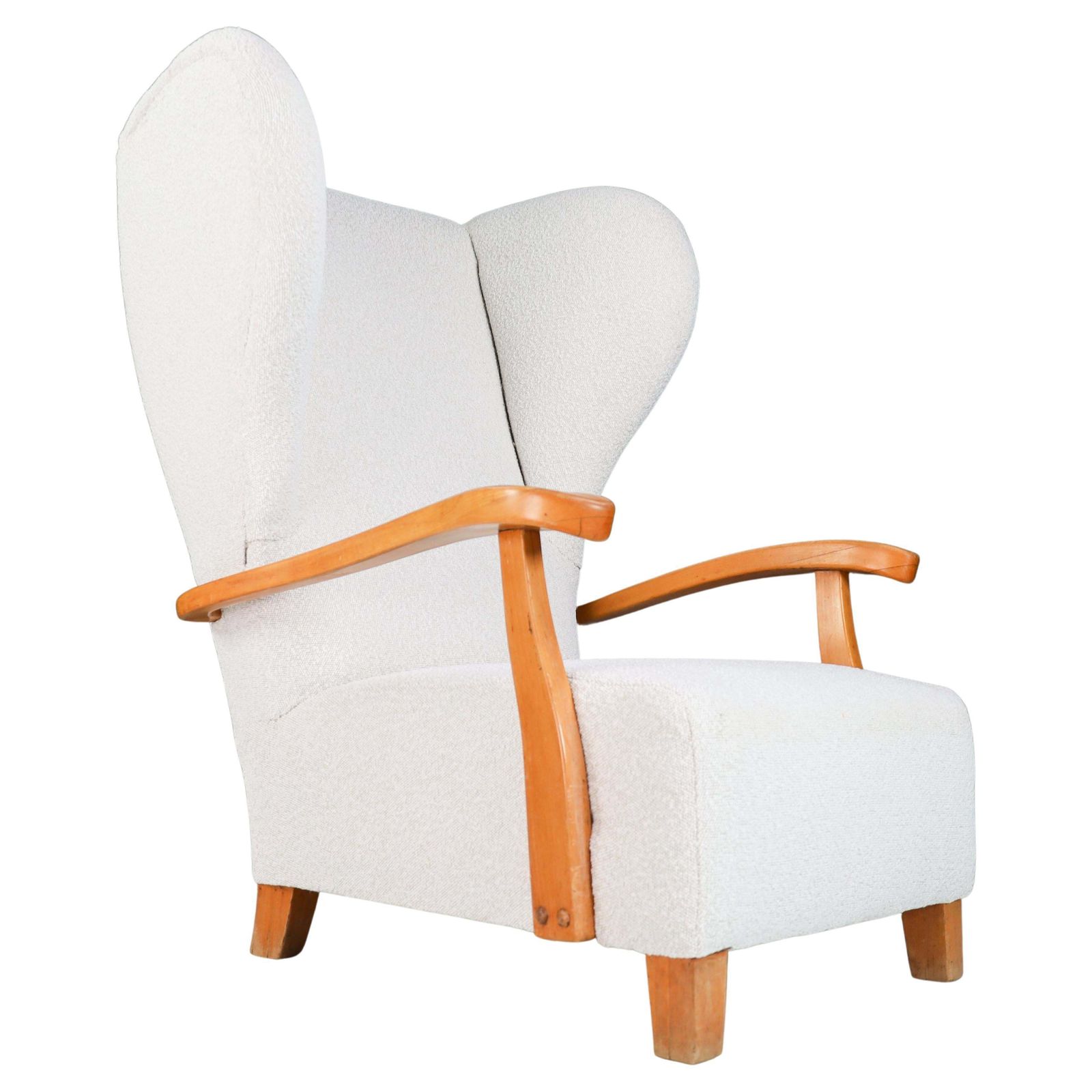Xxl Monumental Wingback Armchair In Walnut And Bouclé Fabric, France 1930s