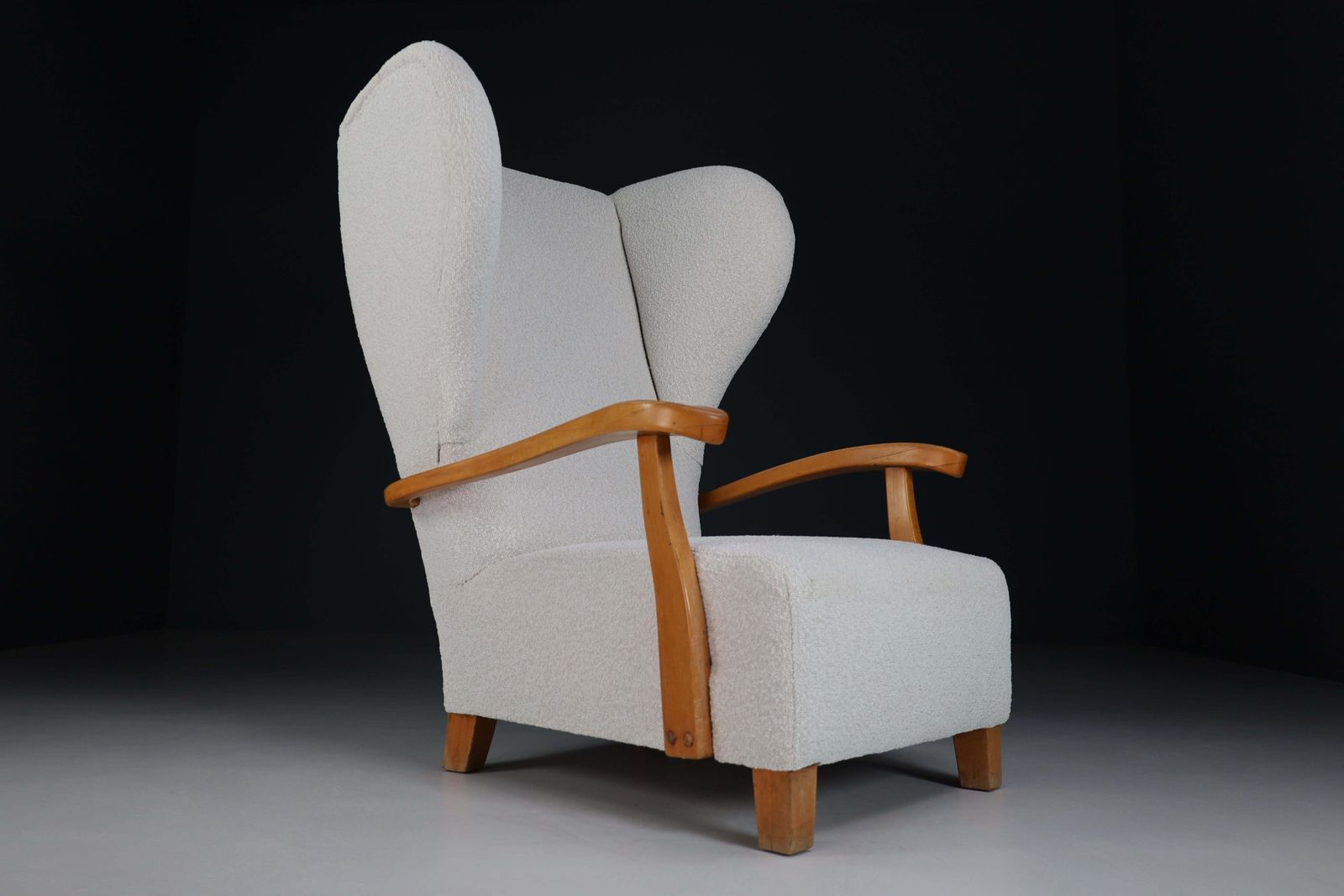 Xxl Monumental Wingback Armchair In Walnut And Bouclé Fabric, France 1930s photo furniture