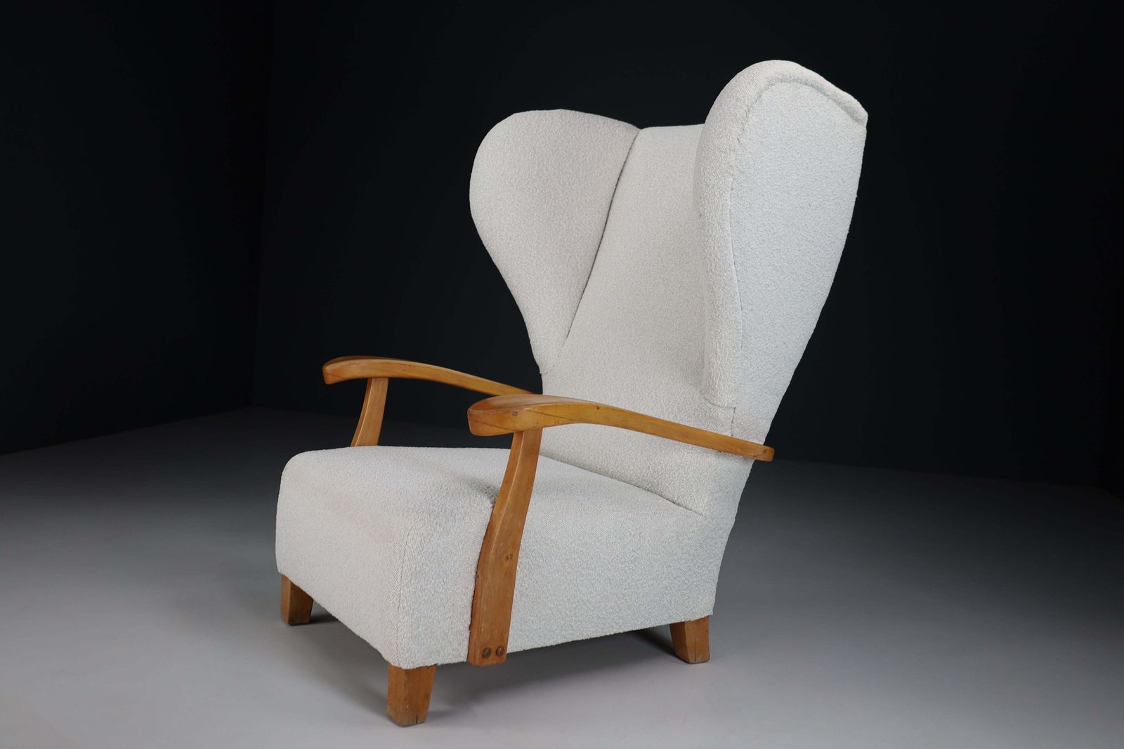 Furniture Xxl Monumental Wingback Armchair In Walnut And Bouclé Fabric, France 1930s photo
