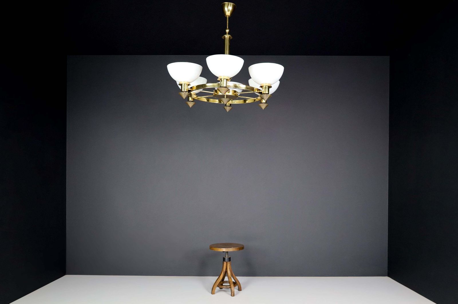 Xl Brass And White Opaline Glass Chandeliers, Italy, 1970s photo for sale
