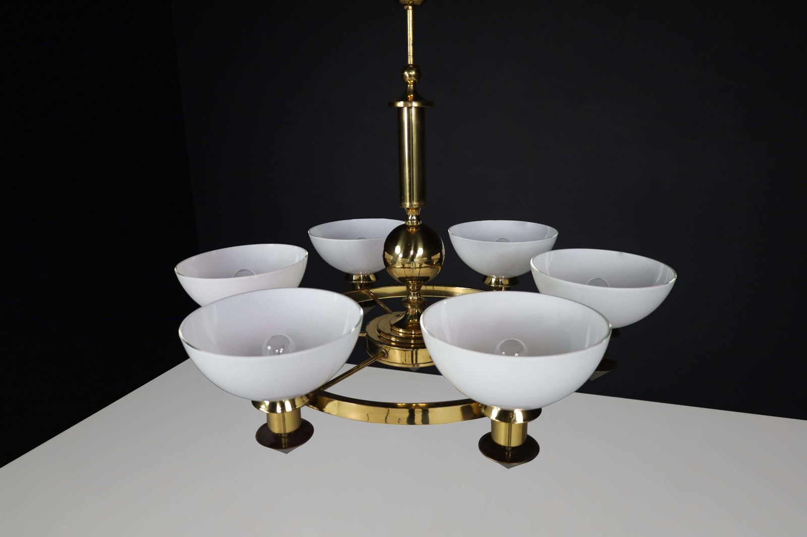 Lighting Xl Brass And White Opaline Glass Chandeliers, Italy, 1970s photo