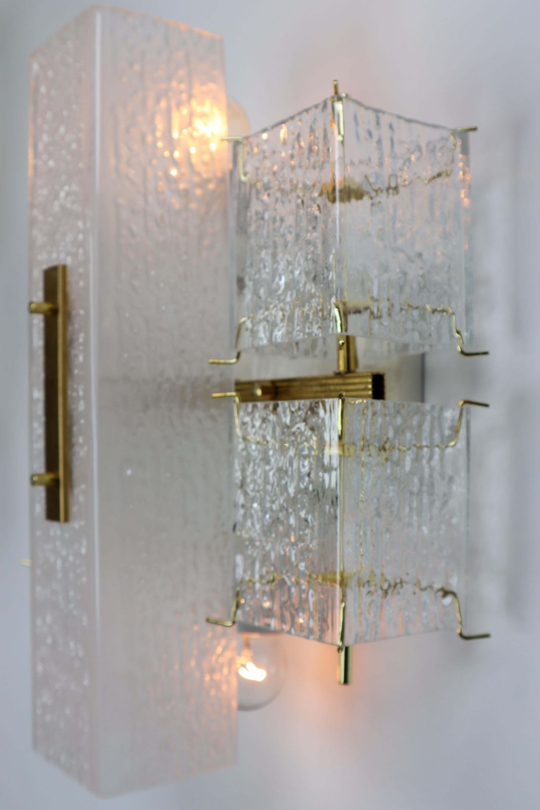 1 Of 8 Midcentury Wall Lights With Structured Glass And Brass, Europe, 1970s photo for sale