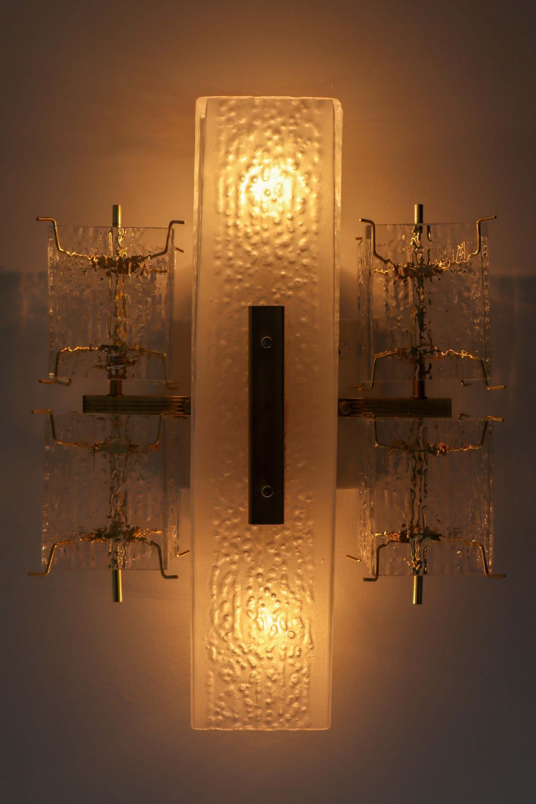 photo buy 1 Of 8 Midcentury Wall Lights With Structured Glass And Brass, Europe, 1970s
