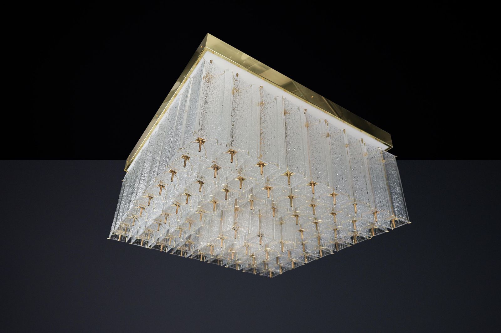 Monumental 1960s Bohemian Flush Mount Chandelier In Textured Glass And Brass. photo buy