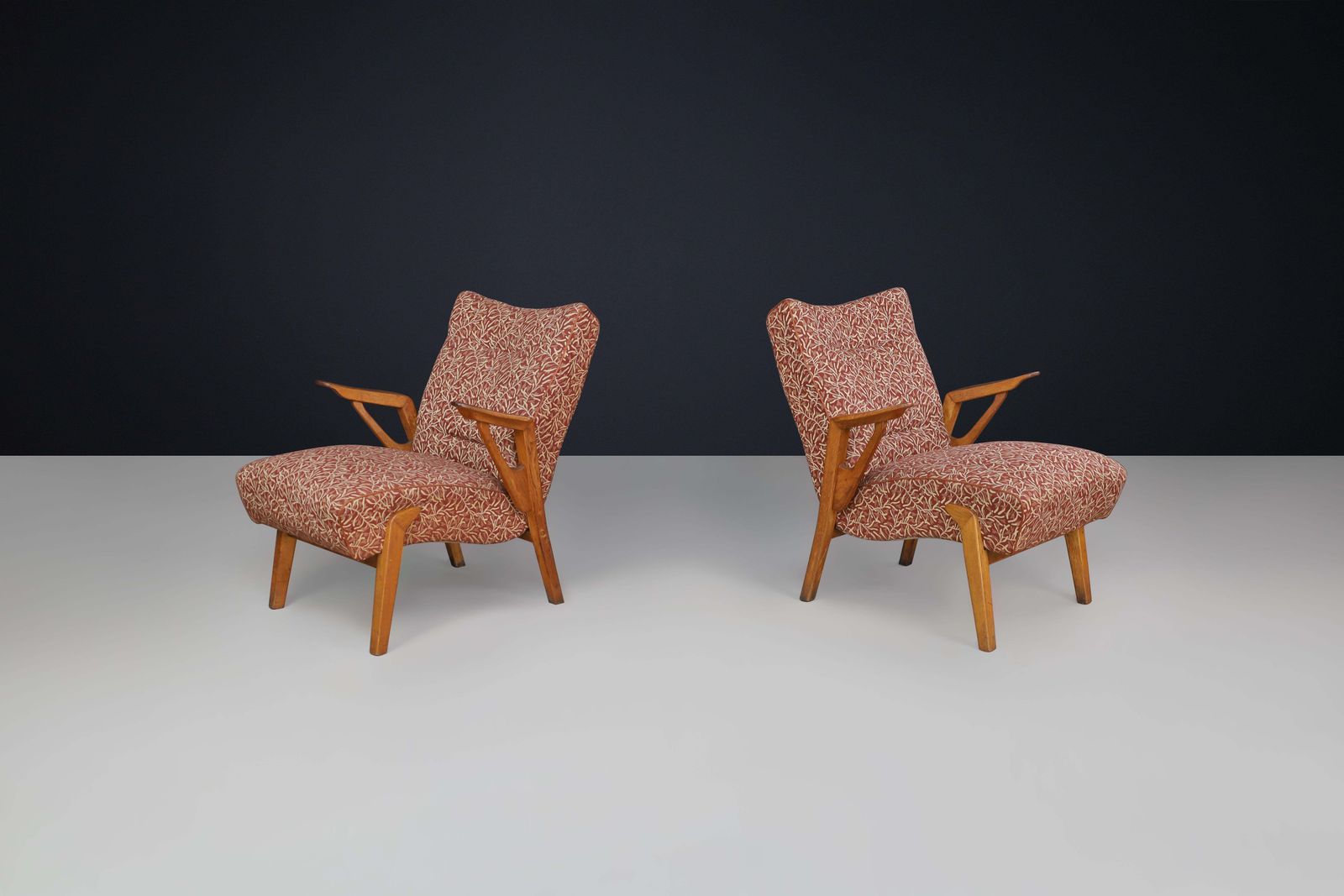Art Deco Lounge Chairs In Oak And Original Upholstery By Antonin Kybal, Cz 1930s photo for sale
