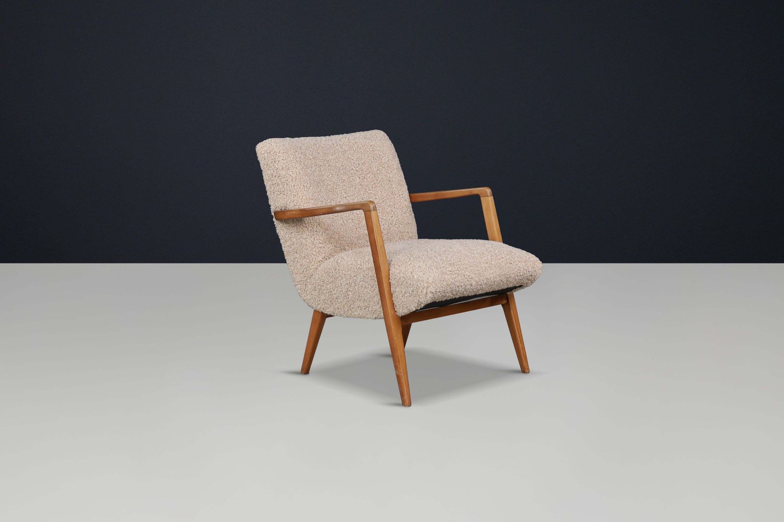 Mid Century Modern Walnut Armchair With Teddy Upholstery, Italy, 1950s photo for sale