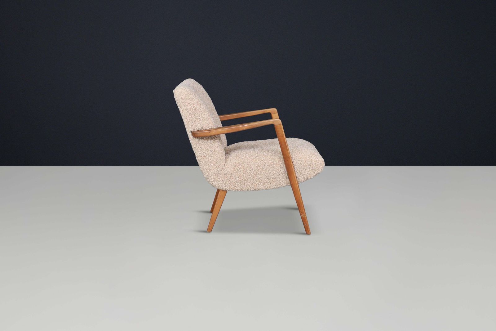 Mid Century Modern Walnut Armchair With Teddy Upholstery, Italy, 1950s photo vintage
