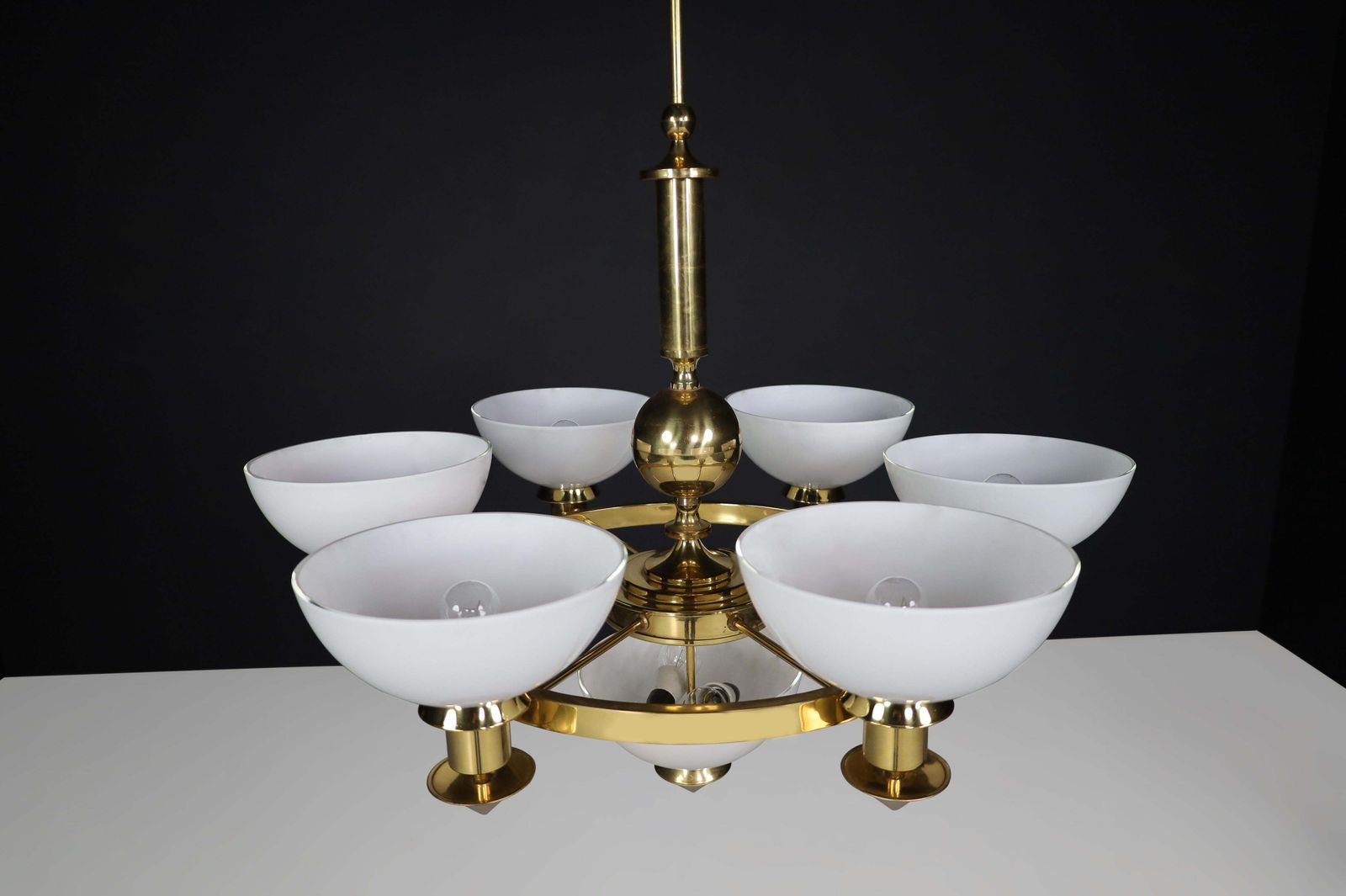 Sculptural Italian Xl Chandelier, Brass & Opaline Glass, 1970s photo vinterior
