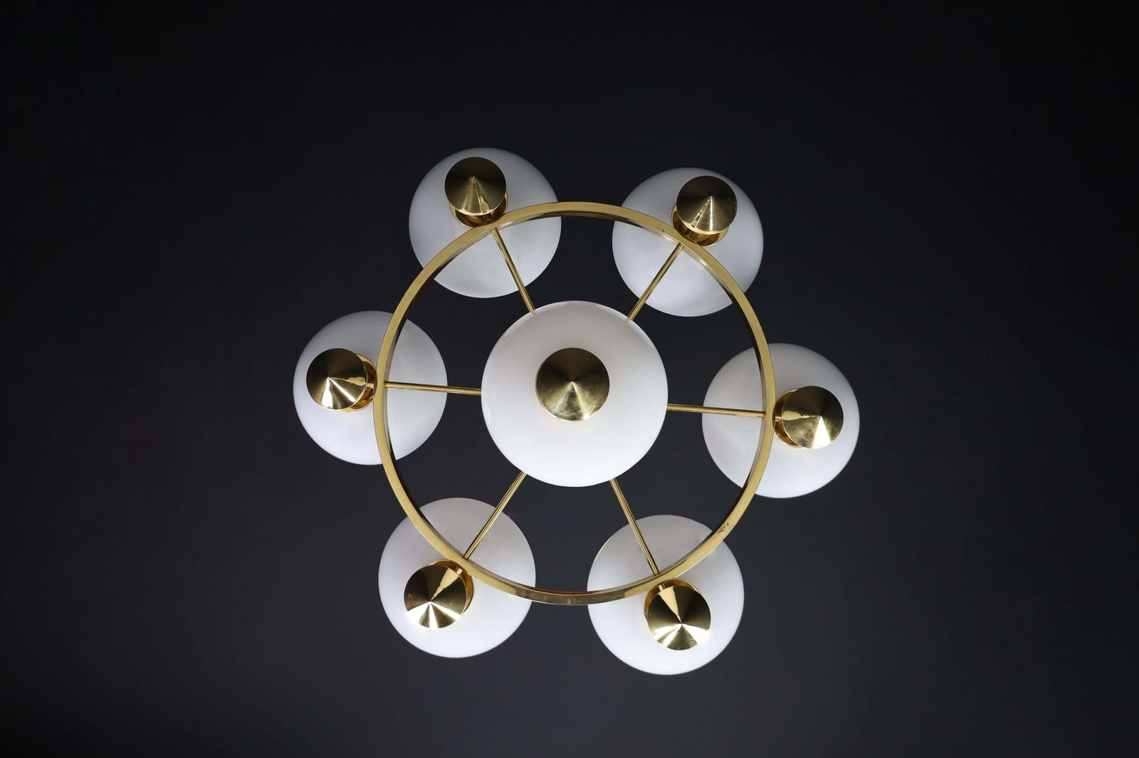 Lighting Sculptural Italian Xl Chandelier, Brass & Opaline Glass, 1970s photo