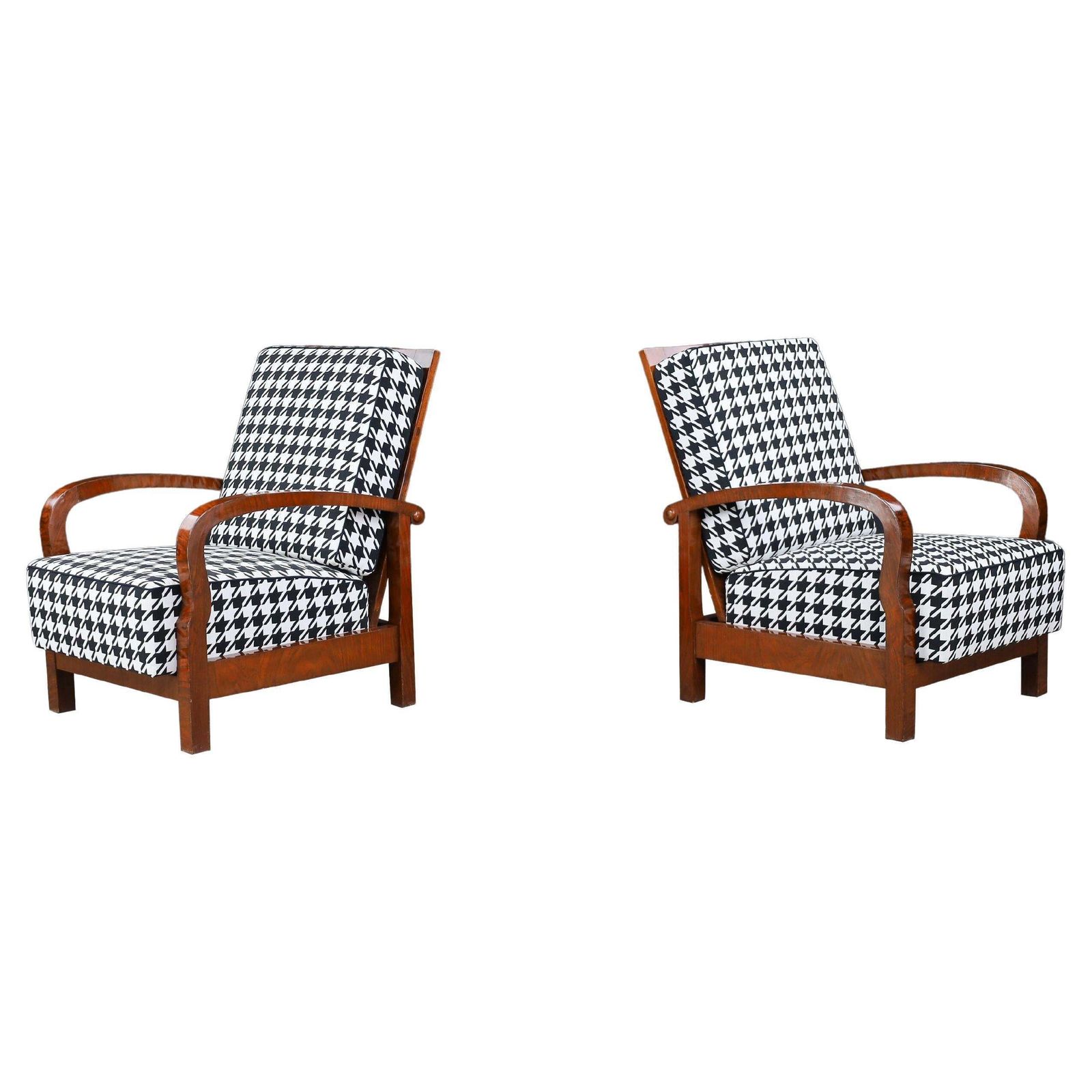 1930s Czech Art Deco Walnut Reclining Armchairs With Houndstooth Upholstery.