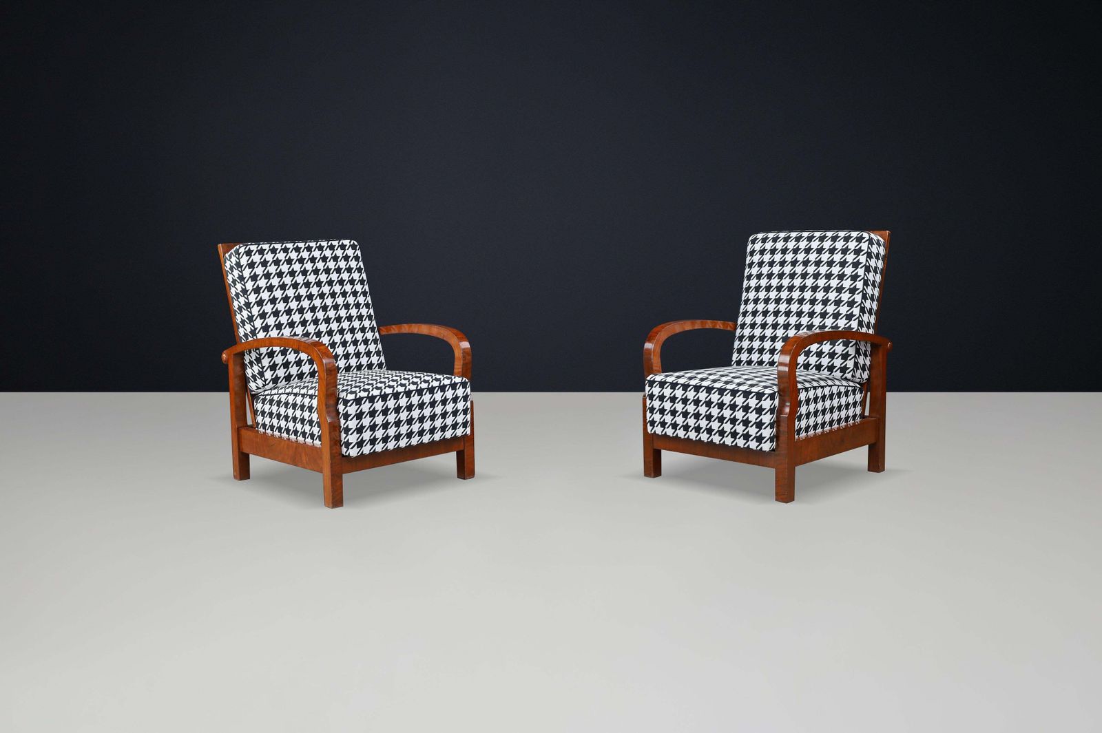 1930s Czech Art Deco Walnut Reclining Armchairs With Houndstooth Upholstery. photo furniture