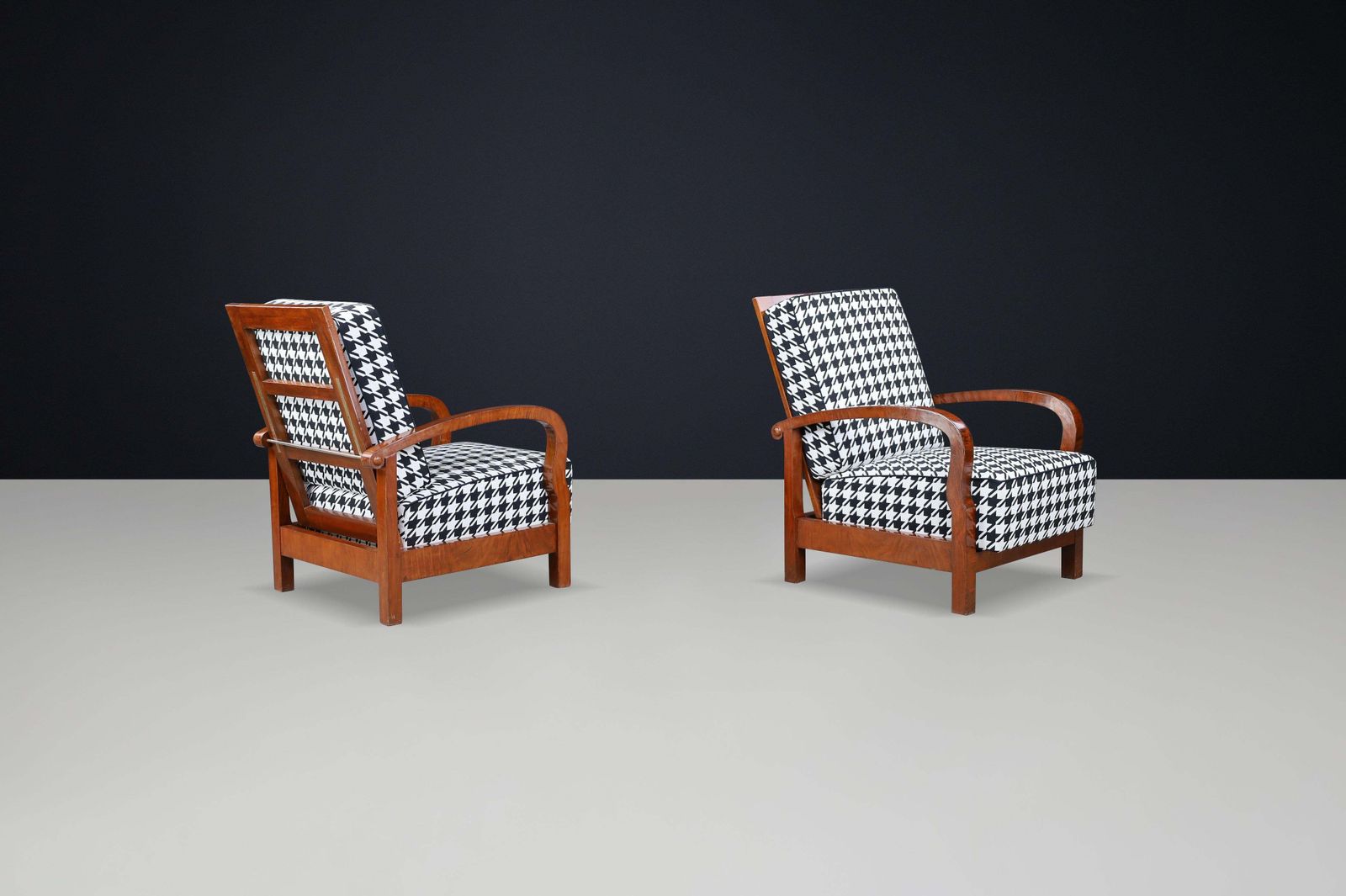 1930s Czech Art Deco Walnut Reclining Armchairs With Houndstooth Upholstery. photo for sale