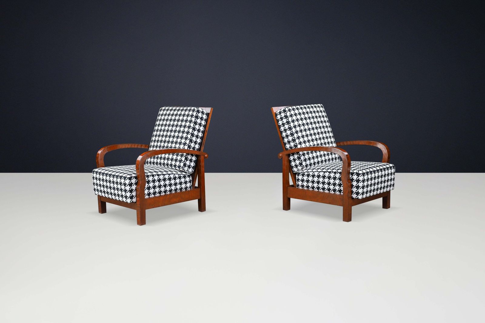 1930s Czech Art Deco Walnut Reclining Armchairs With Houndstooth Upholstery. photo vinterior