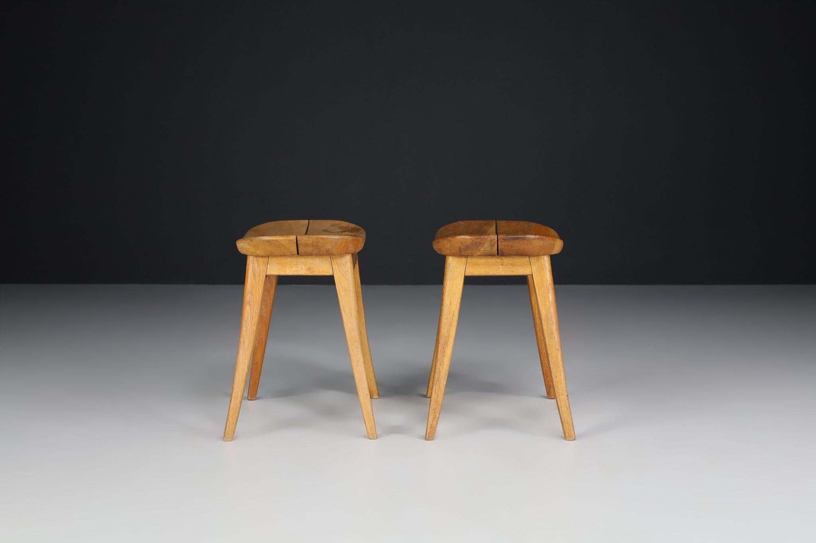 Pair Oak Coffee Bean Stools In Oak, France 1950s photo vintage