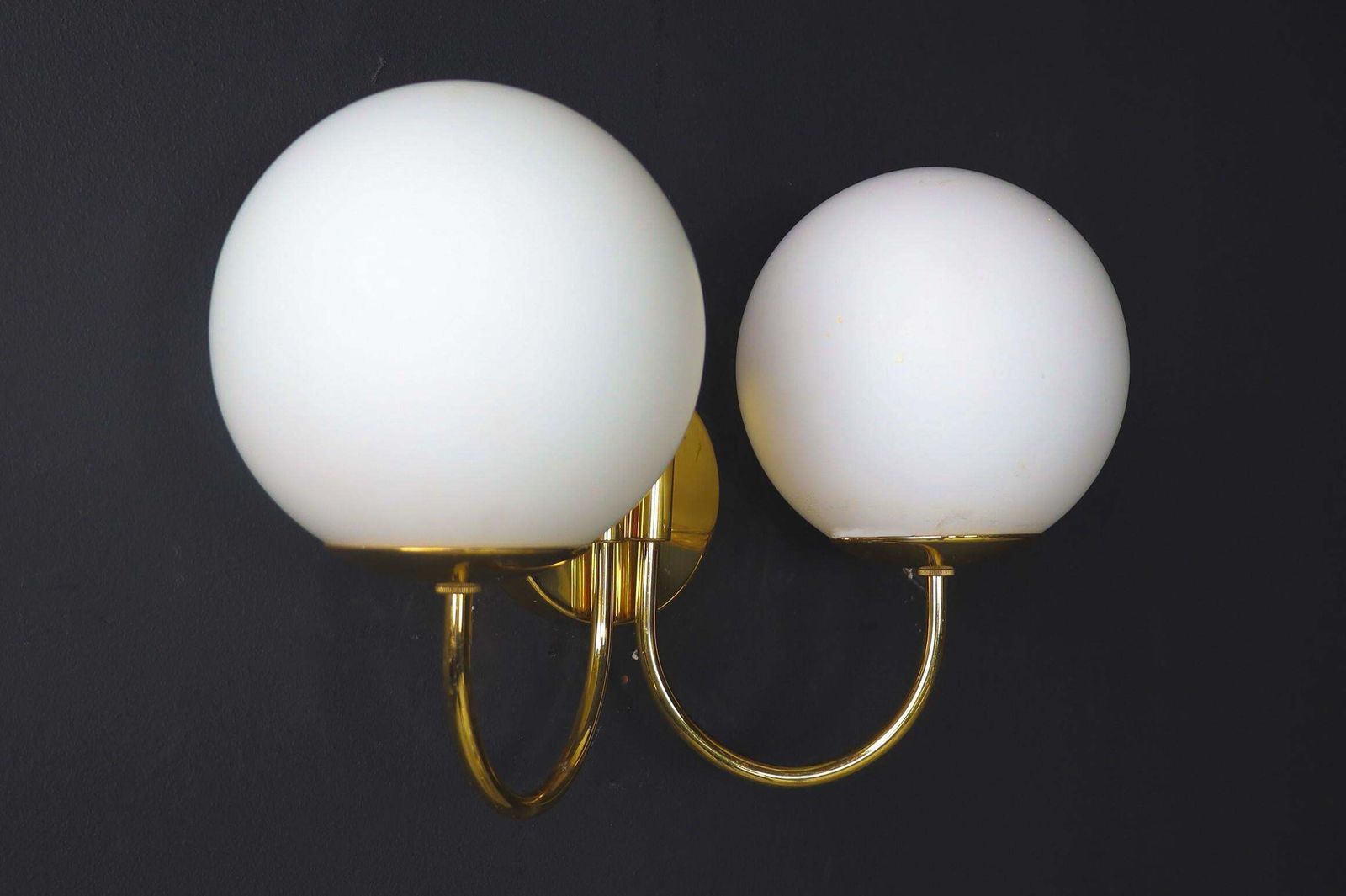 Elegant Sconces With Brass Fixtures And Opaline Glass Globes, Italy, 1960s photo furniture