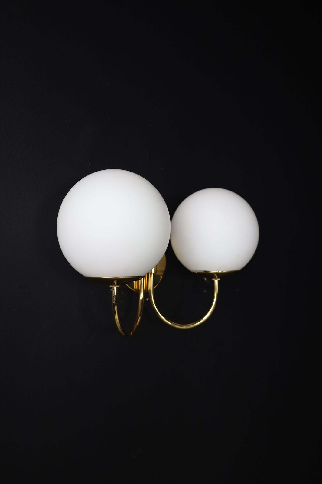 photo for sale Elegant Sconces With Brass Fixtures And Opaline Glass Globes, Italy, 1960s