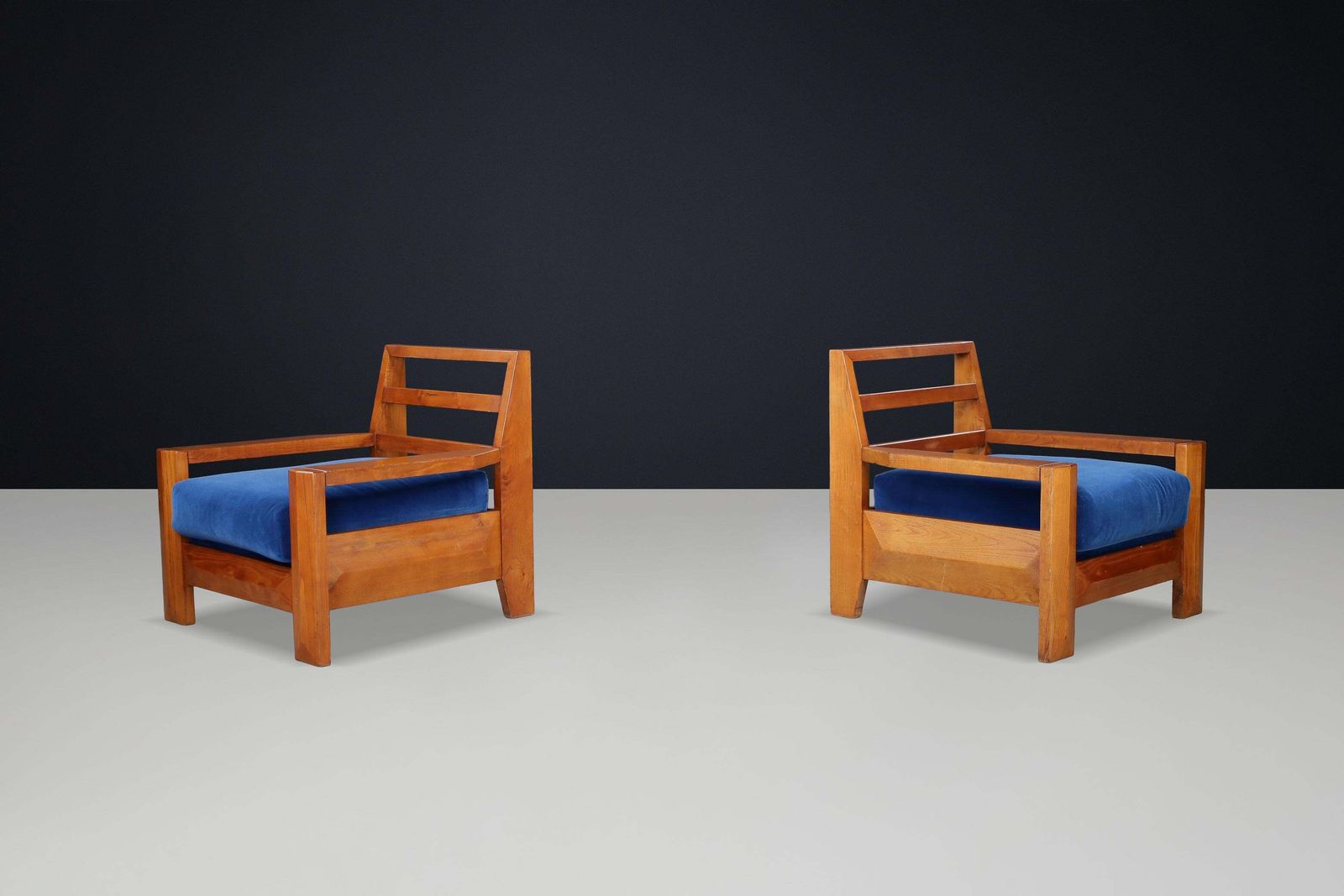 Maison Regain Elm Lounge Chairs With Blue Velvet Seat, France, 1970s photo for sale