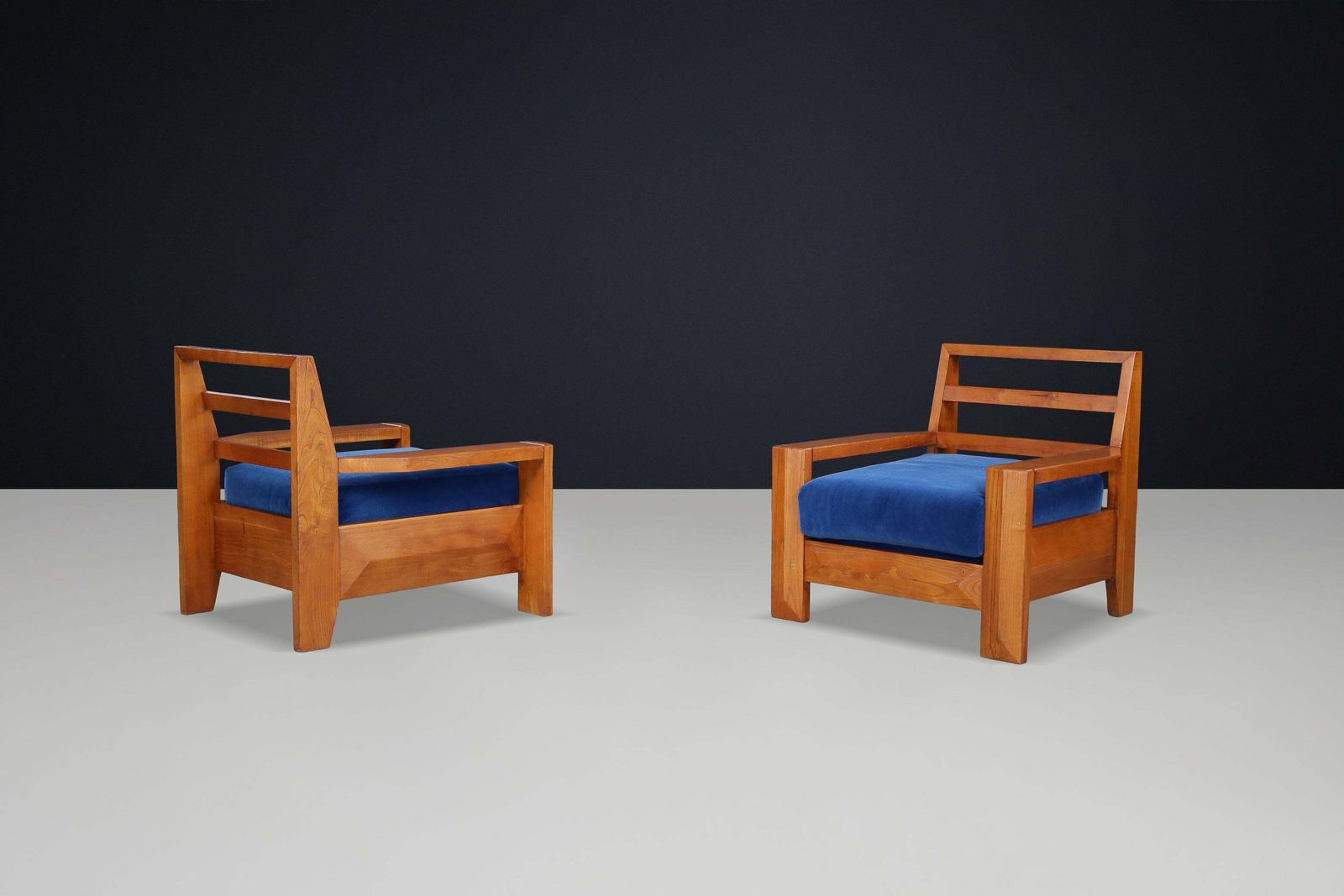 Maison Regain Elm Lounge Chairs With Blue Velvet Seat, France, 1970s photo Furniture