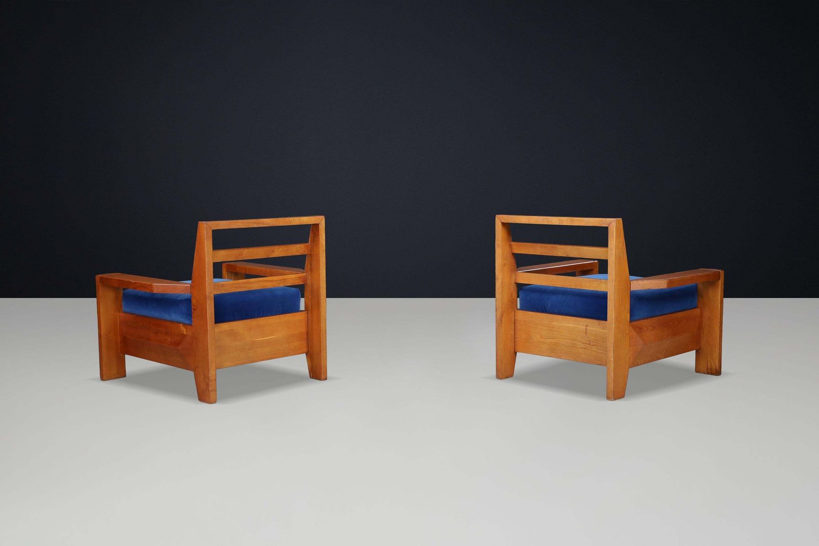 Maison Regain Elm Lounge Chairs With Blue Velvet Seat, France, 1970s photo 3573.0