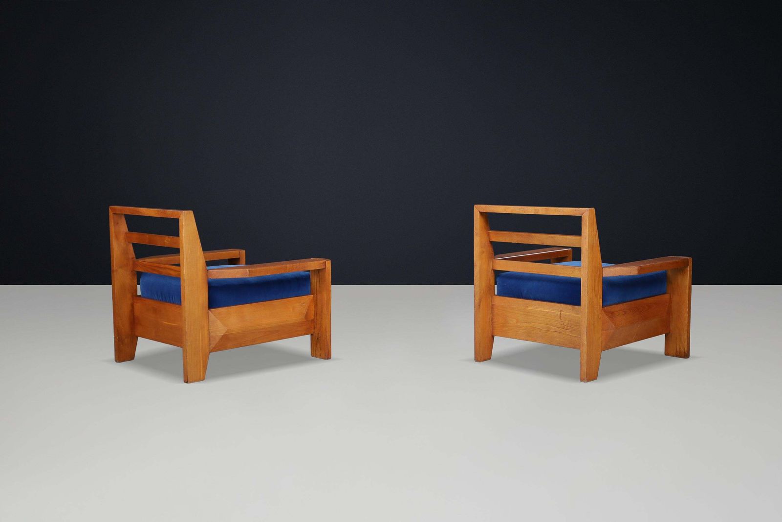 Maison Regain Elm Lounge Chairs With Blue Velvet Seat, France, 1970s photo buy