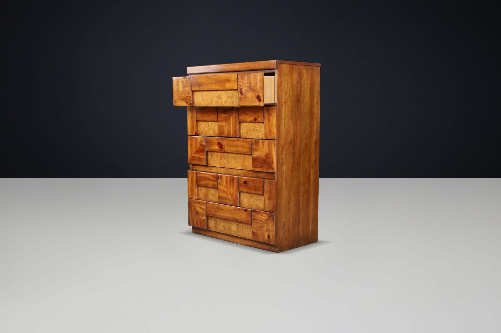 photo furniture Brutalist “Staccato” Tallboy Dresser By Lane Furniture, USA, 1970s