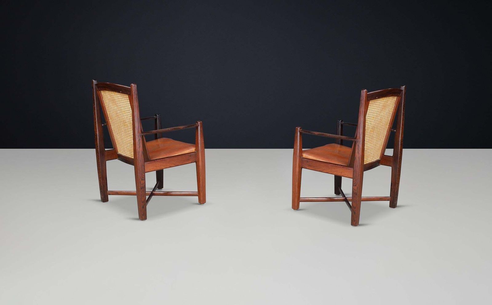 Mid Century Modern Hardwood, Cane, And Leather Armchairs, Brazil 1960s photo vintage