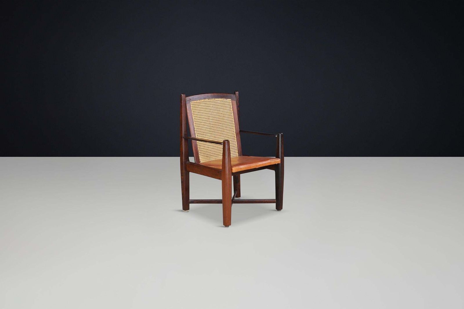 photo furniture Mid Century Modern Hardwood, Cane, And Leather Armchairs, Brazil 1960s