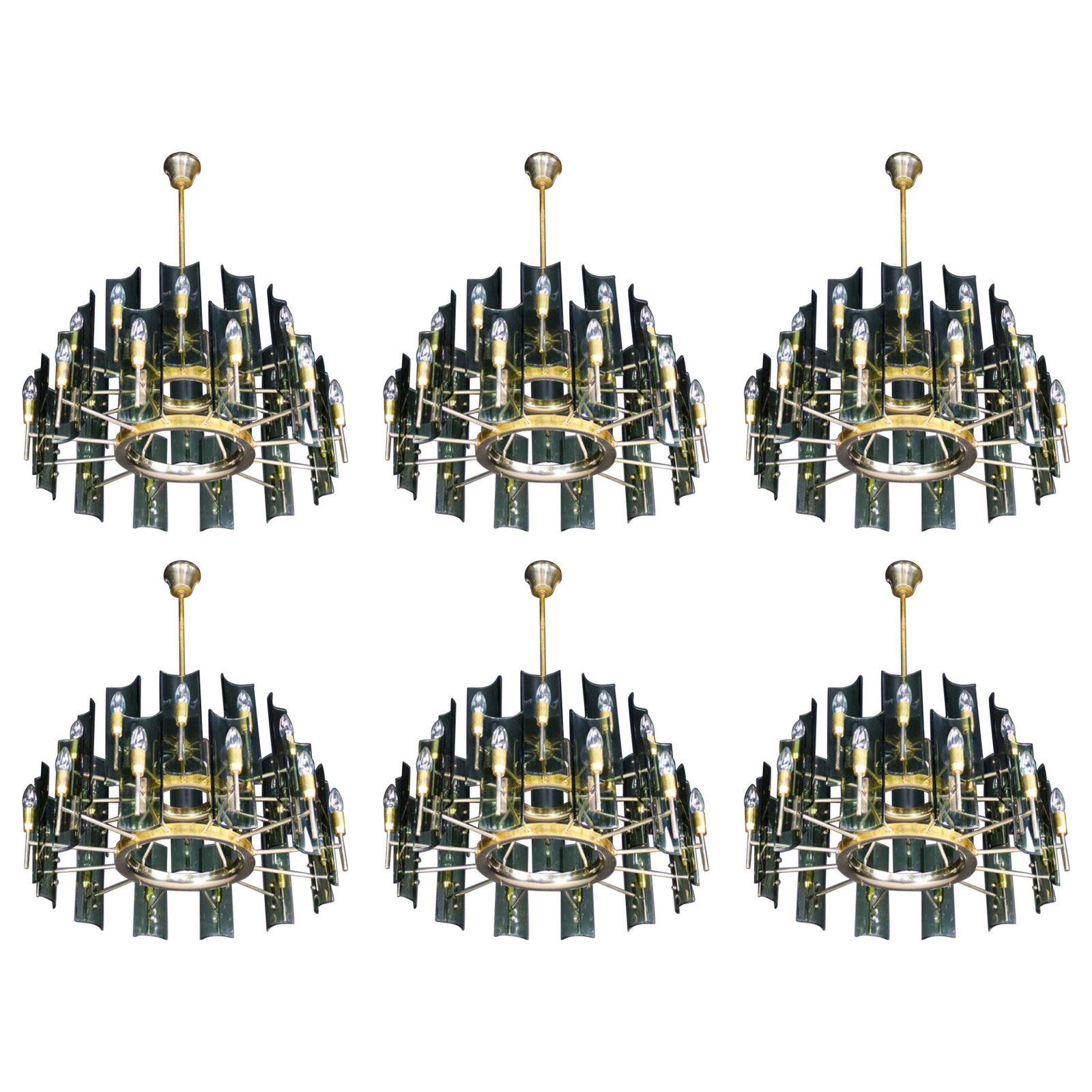 Set Of Six Gino Paroldo Grande Chandeliers In Brass, Italy 1950