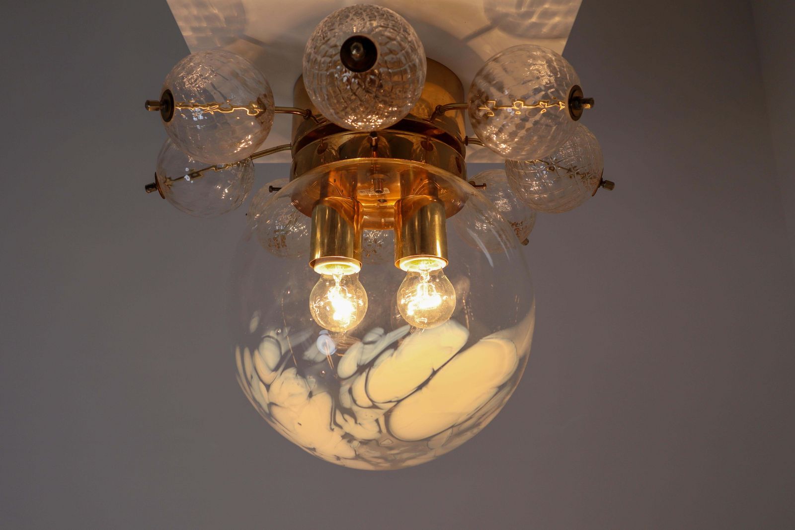 Large Midcentury Brass Ceiling Lamp Chandelier With Handblown Art Glass , 1960s photo for sale