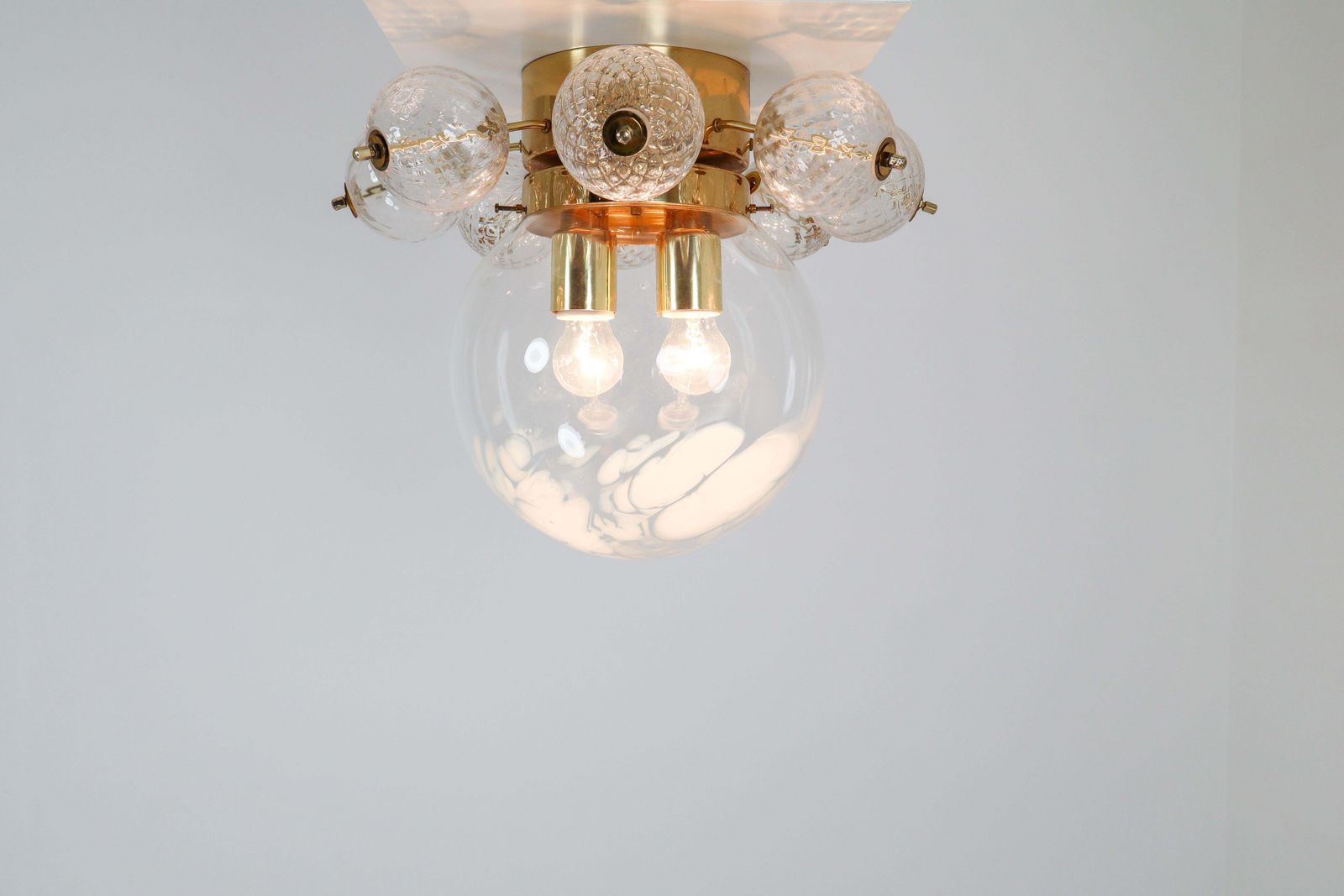 Large Midcentury Brass Ceiling Lamp Chandelier With Handblown Art Glass , 1960s photo vinterior