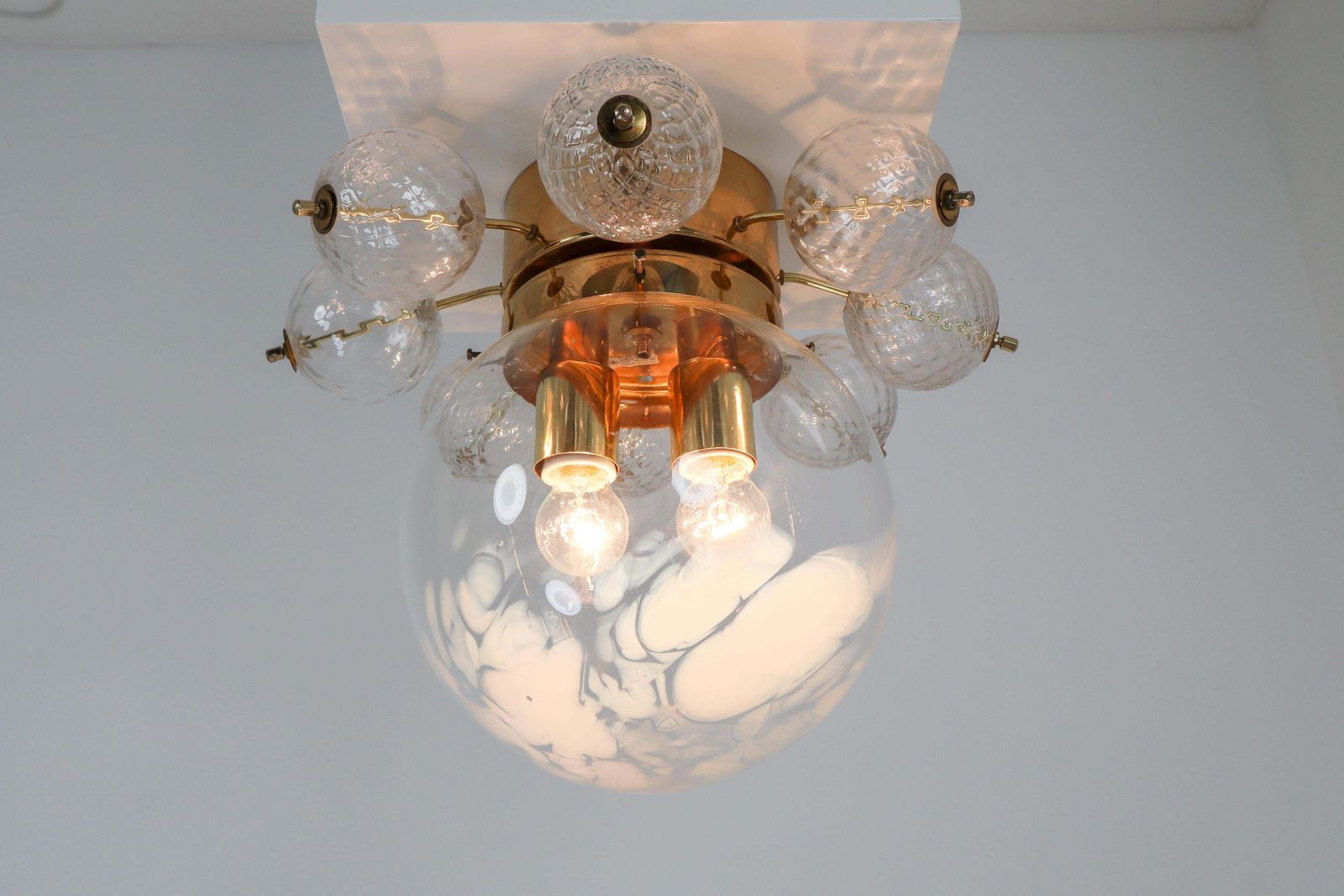 Large Midcentury Brass Ceiling Lamp Chandelier With Handblown Art Glass , 1960s photo buy