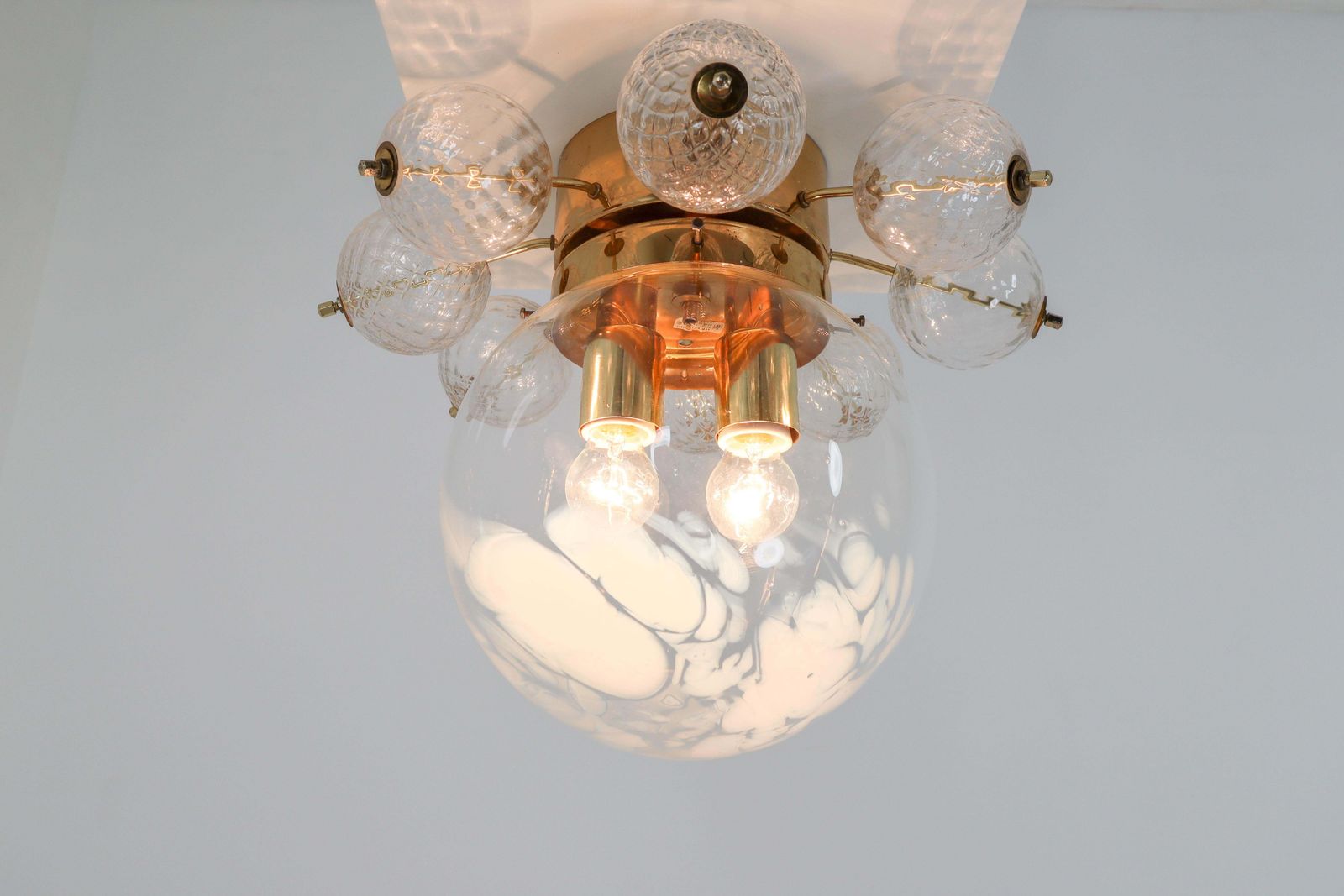 photo for sale Large Midcentury Brass Ceiling Lamp Chandelier With Handblown Art Glass , 1960s