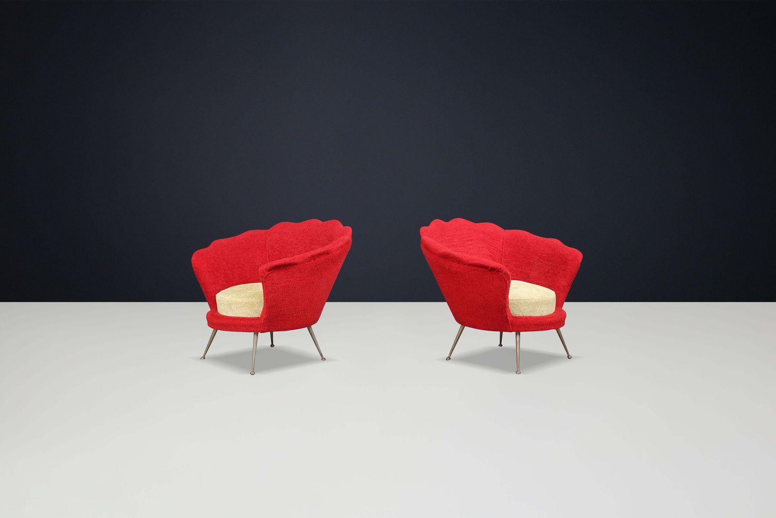 Mid Century Flower Shaped Lounge Chairs, Fabric Upholstery, Brass, Italy, 1950s photo 4309.0