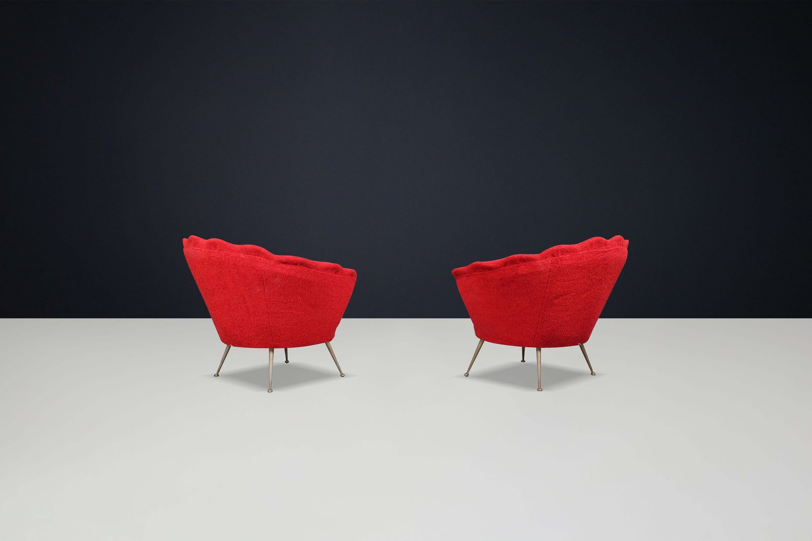 photo for sale Mid Century Flower Shaped Lounge Chairs, Fabric Upholstery, Brass, Italy, 1950s