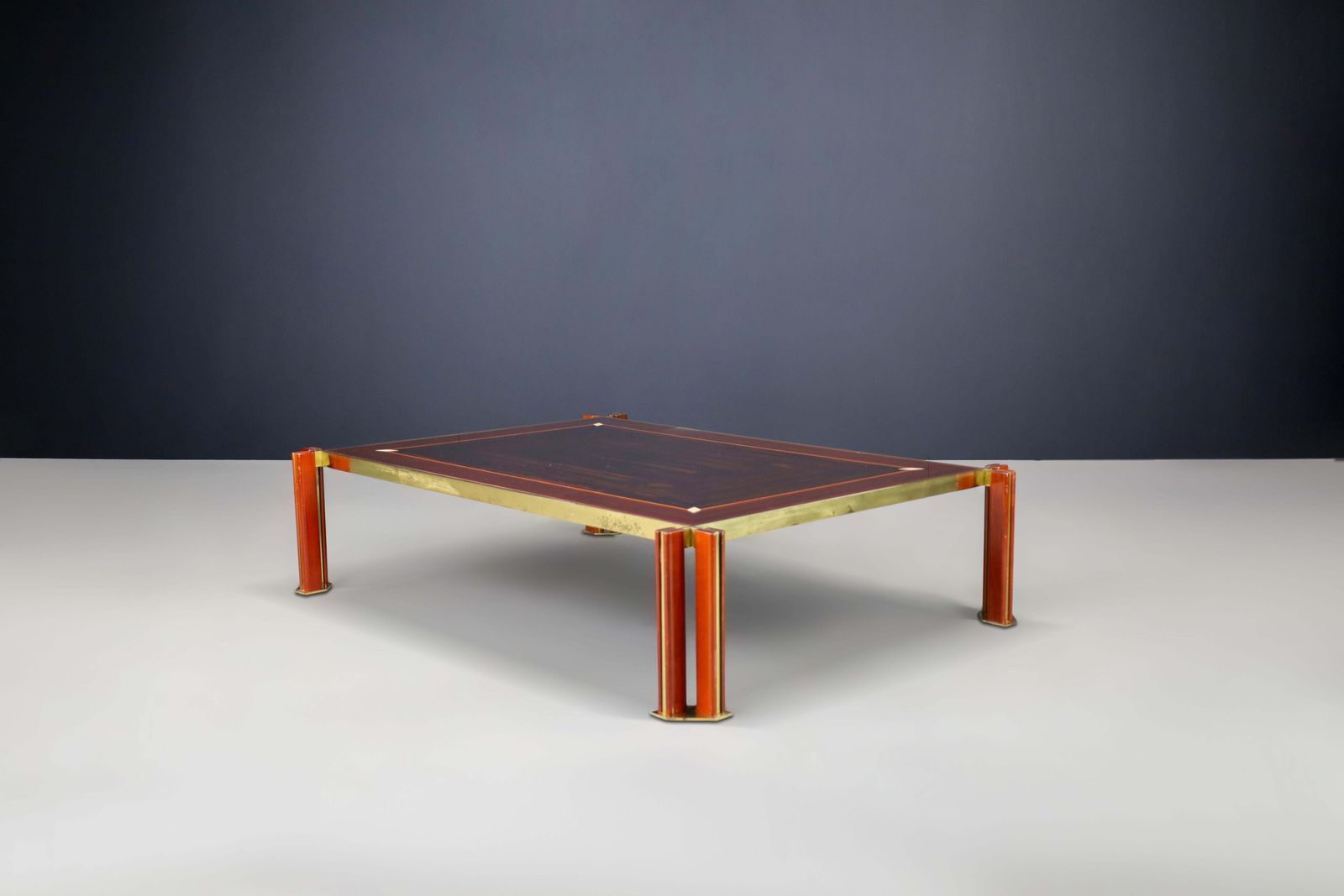 Paolo Barracchia Large Brass And Wood Coffee Table, Italy 1970s photo for sale