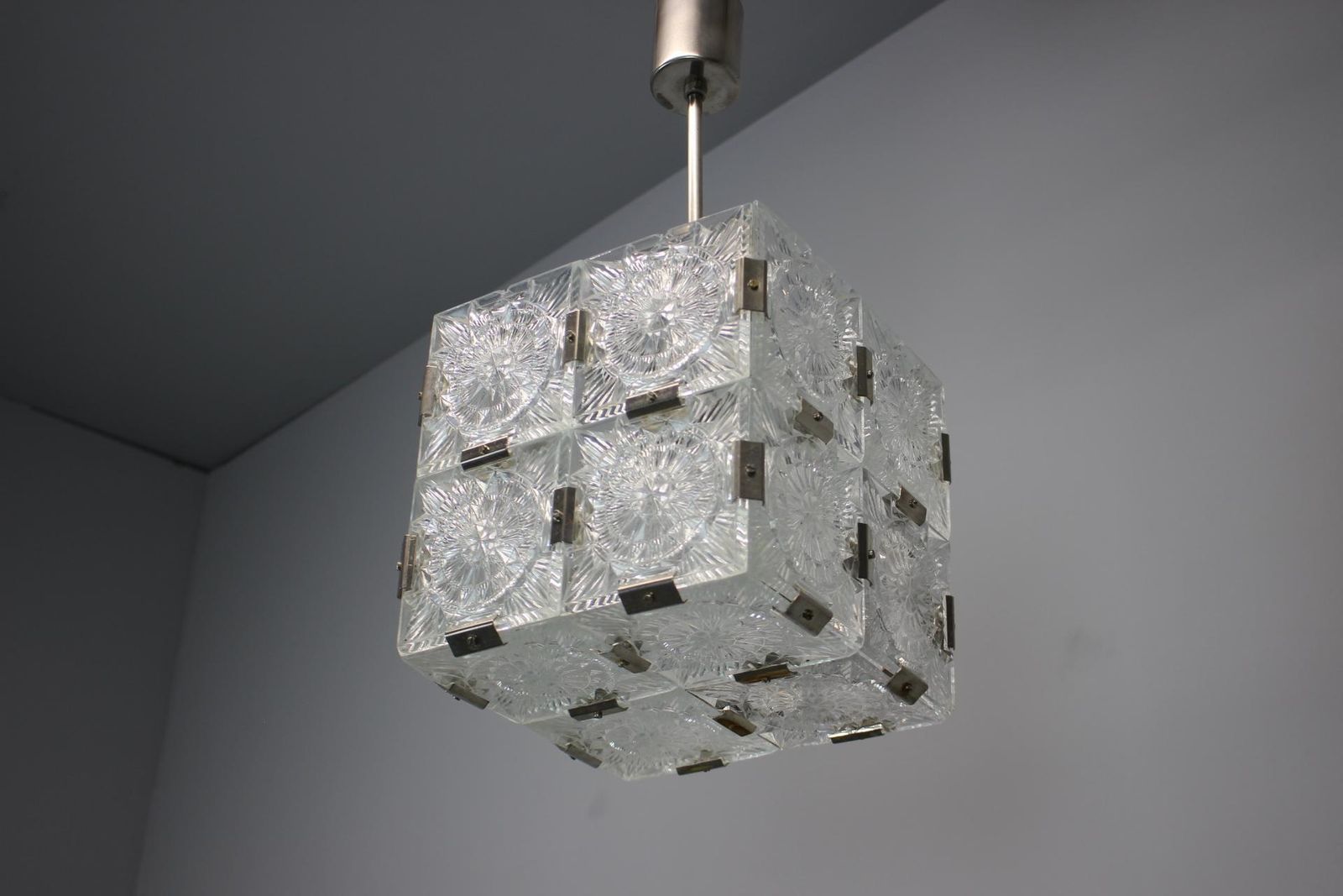 Mid Century Square Clear Glass Pendant By Kamenicky šenov, 1960s, Czechoslovakia photo Lighting