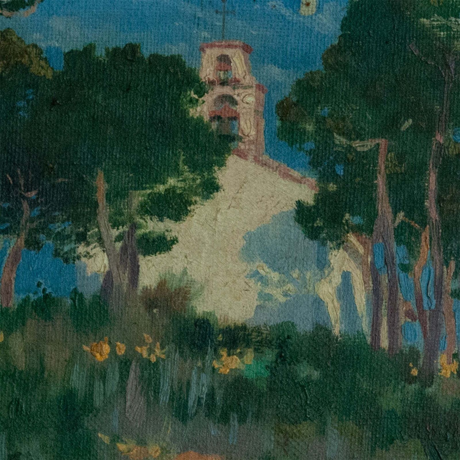 Kapel Tussen De Pijnbomen – Coloristisch Olieverfschilderij Op Doek photo for sale