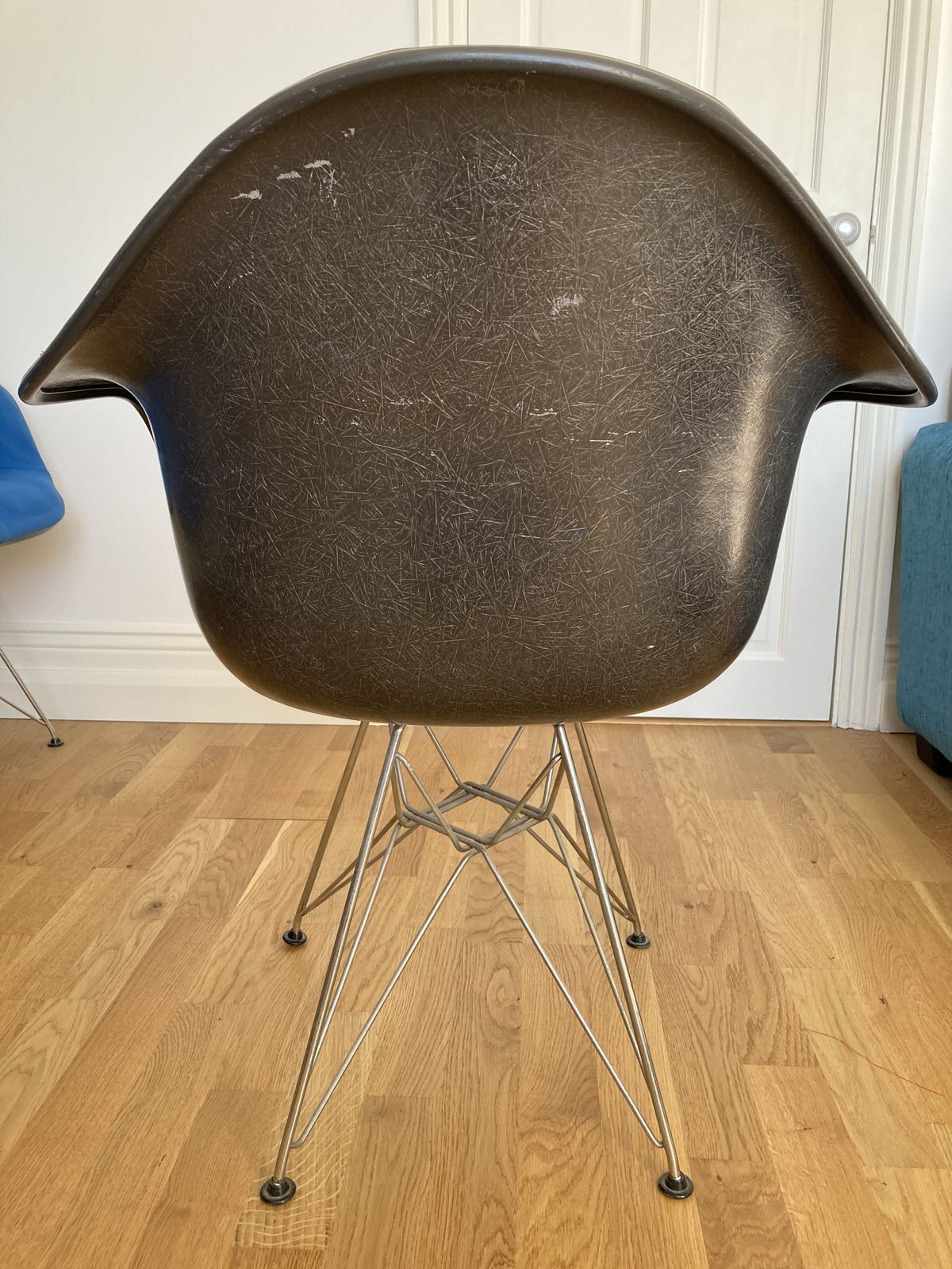 Set Of Four Plus One  Herman Miller Upholstered Fibreglass Eames Shell ‘Bucket’ Chairs With Chrome ‘Eiffel’ Bases. photo furniture