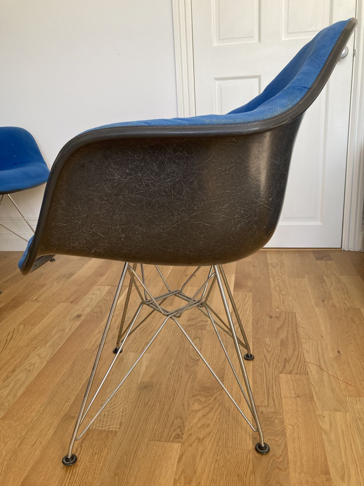 Set Of Four Plus One  Herman Miller Upholstered Fibreglass Eames Shell ‘Bucket’ Chairs With Chrome ‘Eiffel’ Bases. photo for sale