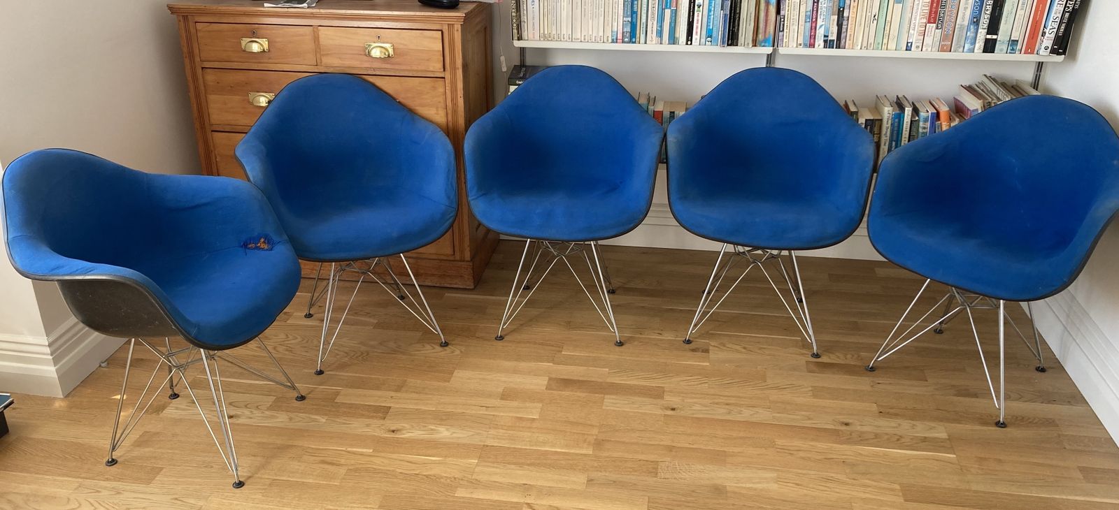 Set Of Four Plus One  Herman Miller Upholstered Fibreglass Eames Shell ‘Bucket’ Chairs With Chrome ‘Eiffel’ Bases. photo vintage