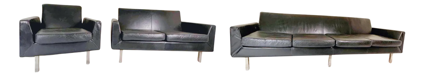 Model F410 Lounge Set In Black Leather By Theo Ruth For Artifort, 1950s, Set Of 3
