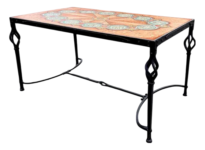 Italian Coffee Table In Wrought Iron With Hand Painted Ceramic Tiles, 1954