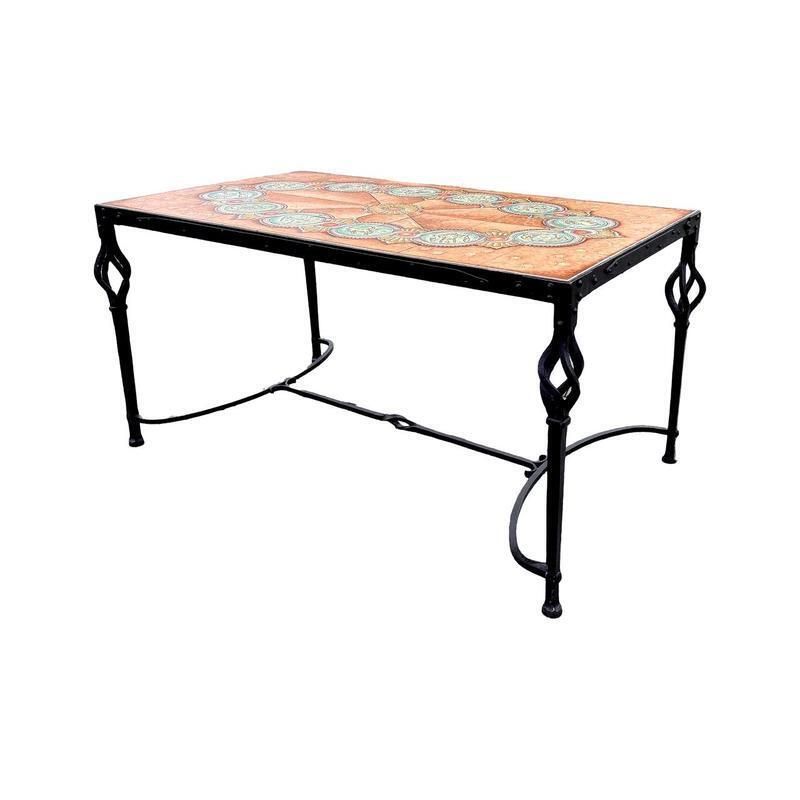photo for sale Italian Coffee Table In Wrought Iron With Hand Painted Ceramic Tiles, 1954