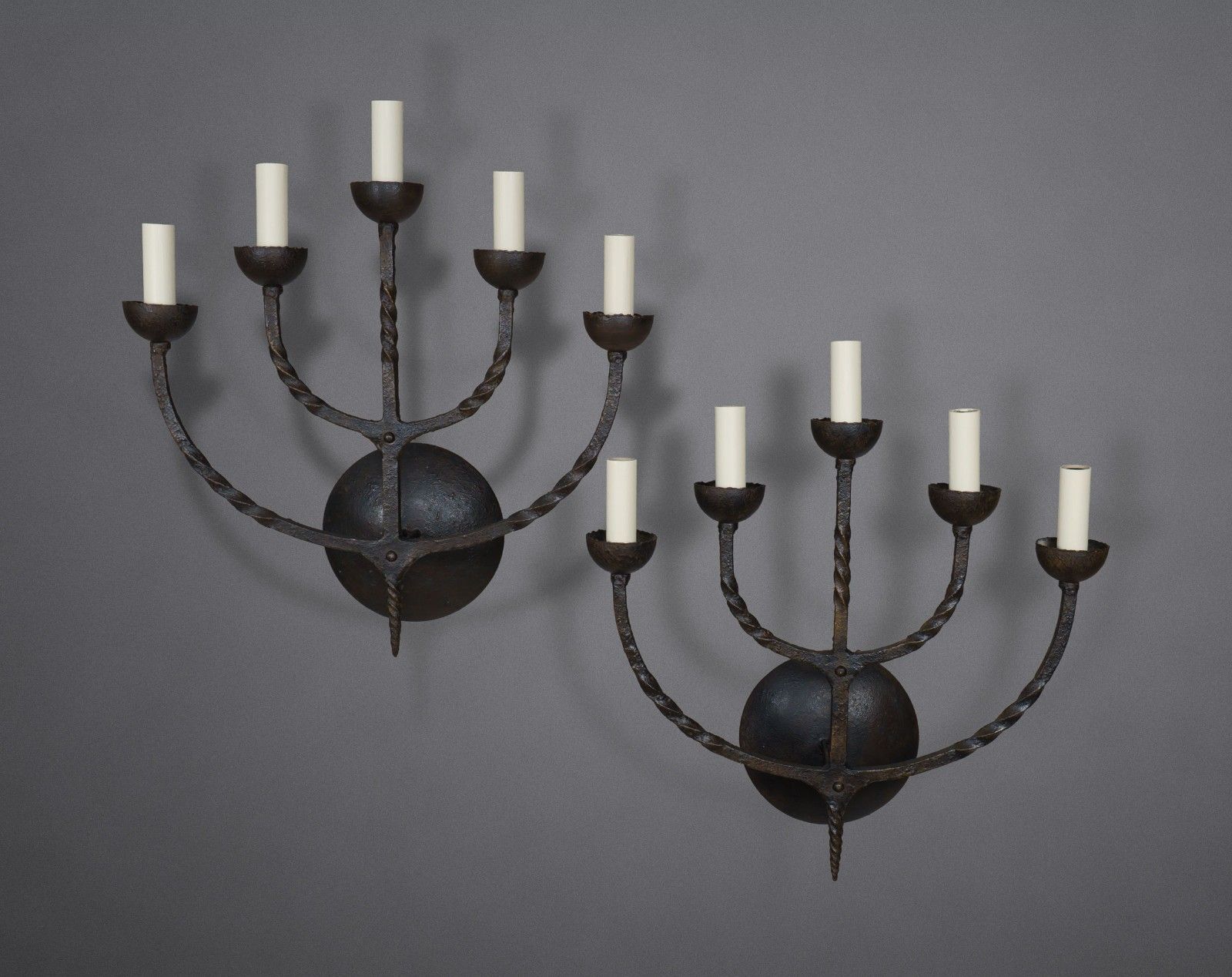 Pair Of Xl Vintage 1950s French Brutalist 5 Arm Wrought Iron Wall Lamps / Sconces