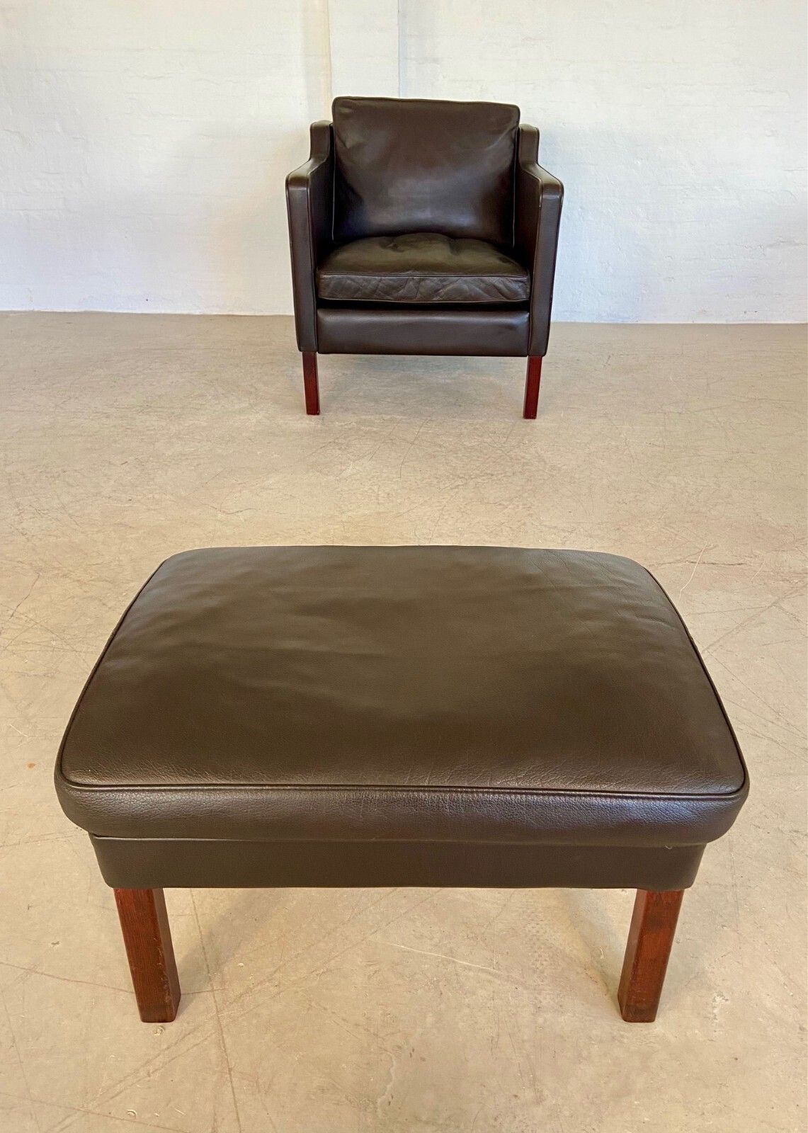 Mid Century Stouby Leather Lounge Chair  And Stool In Brown Leather photo for sale