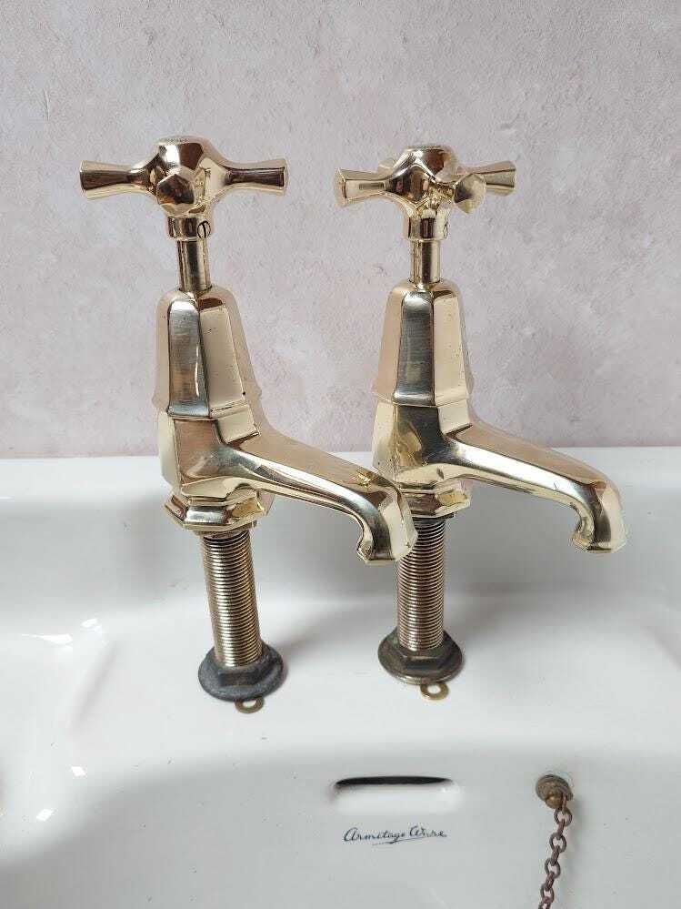 Pair Of Original Art Deco Basin Taps, Polished Brass Sink Faucets, 1920s Basin Taps, Overhauled And Ready To Fit. photo for sale