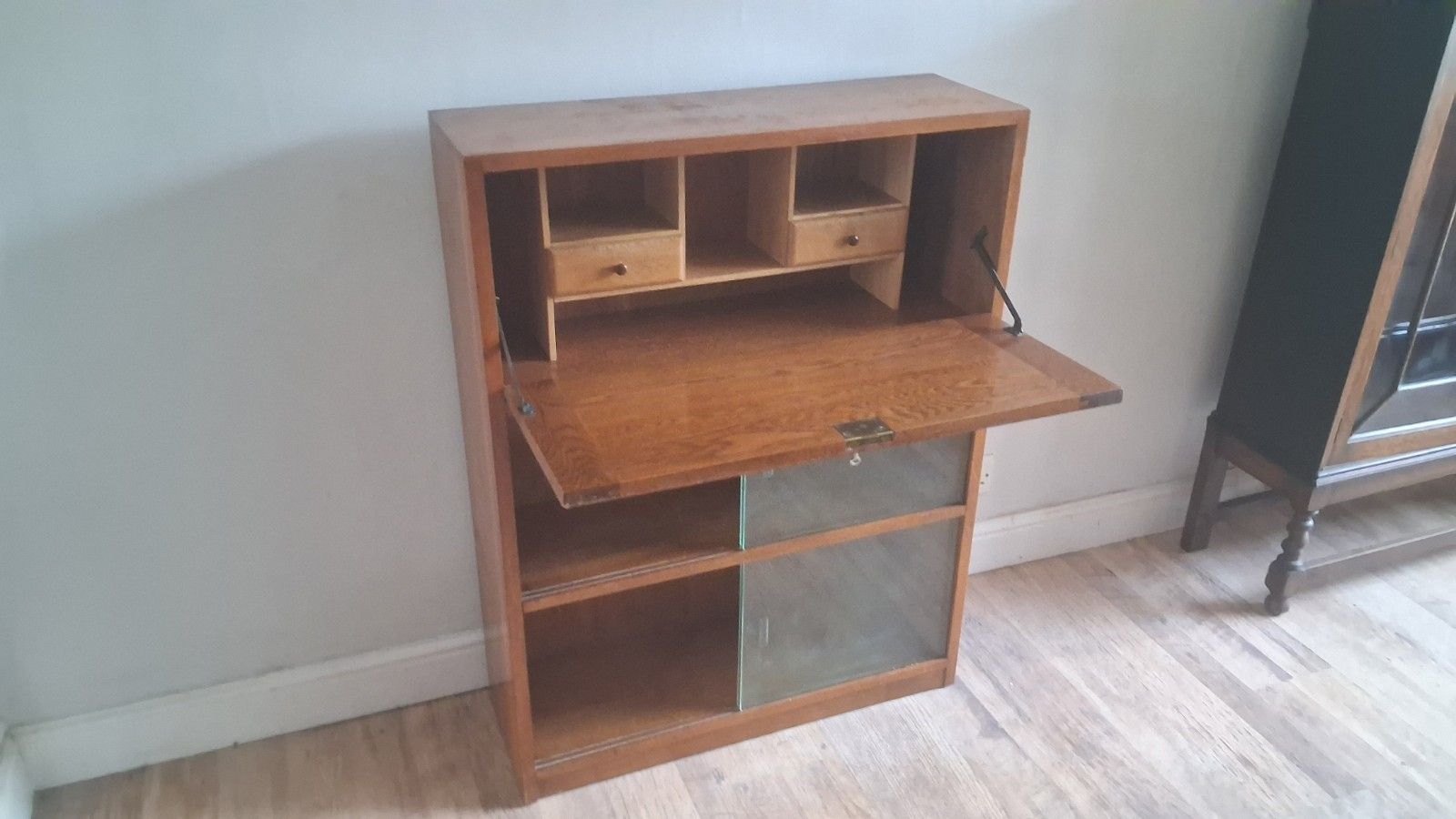 Furniture Delightful  1960's Odhams Of London Solid Oak Mid Century Bookcase /Bureau photo