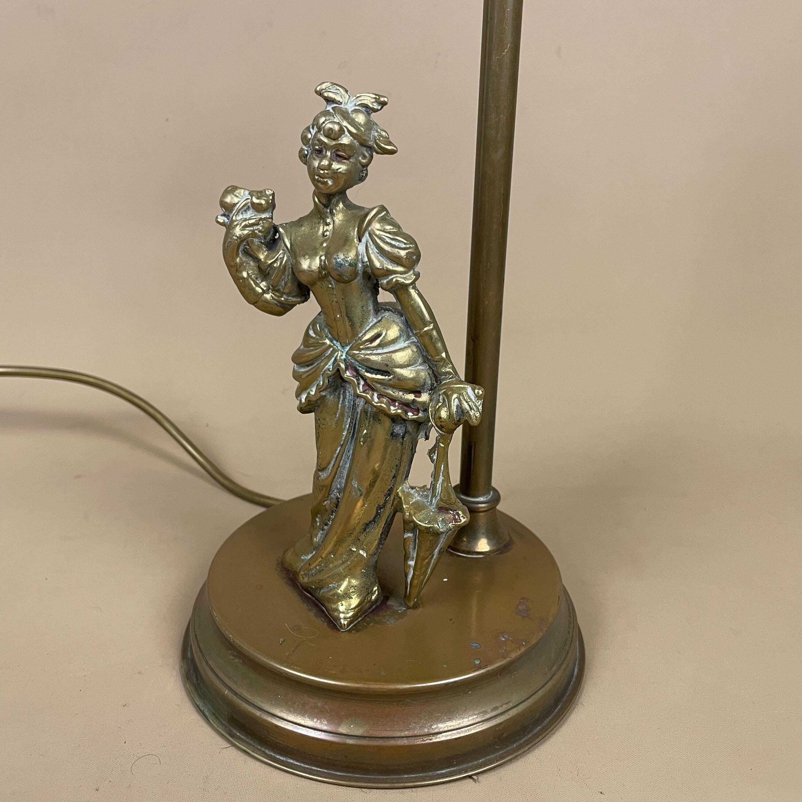 Antique Metal Gold Brass Lamp Light Bedside Side Table Desk Column Ornate Detail Round Base Women Lady Figure Vintage Pattern Patterned photo for sale