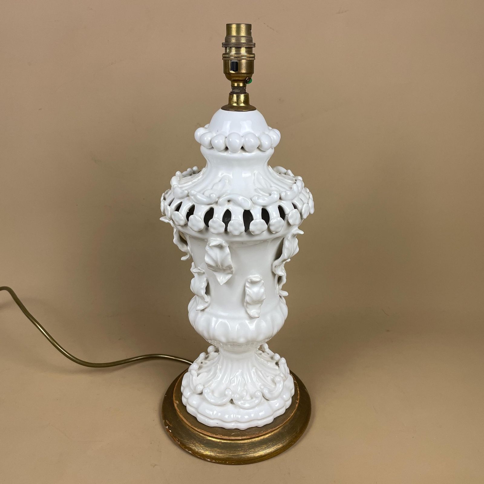 Vintage Spanish Manises 1960's White Ceramic Lamp Light Antique Gold Wooden Base Bedside Table Spain Handmade Crafted Elegant Statement 60's