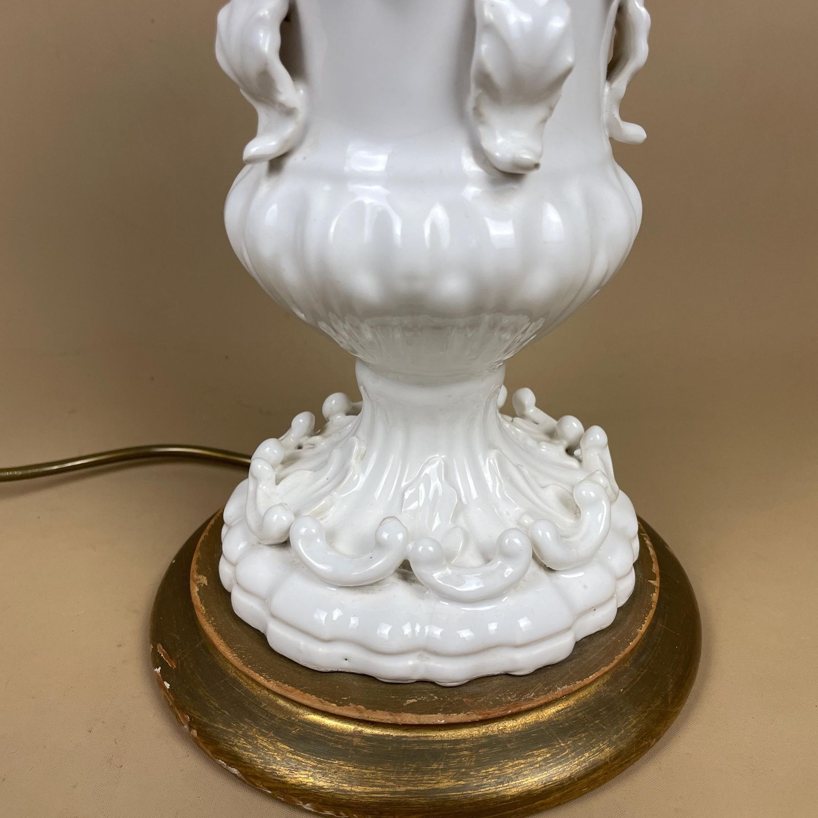 Vintage Spanish Manises 1960's White Ceramic Lamp Light Antique Gold Wooden Base Bedside Table Spain Handmade Crafted Elegant Statement 60's photo Lighting